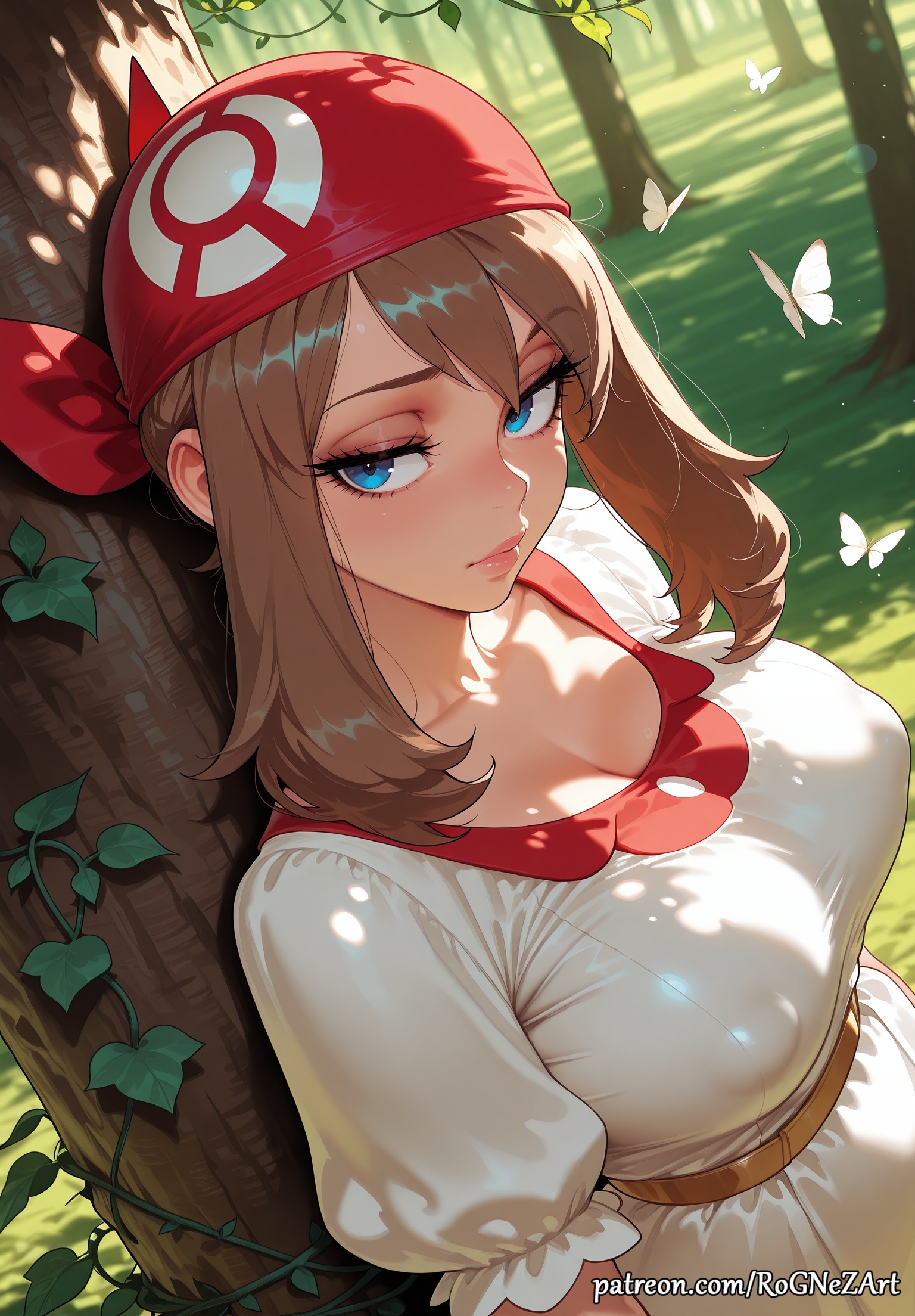 2025, ai generated, anime, bandana, bangs, belt, blue eyes, blush, breasts, brown hair, bug, butterfly, cleavage, closed mouth, collarbone, covered nipples, crossover, dappled sunlight, day, dress, dutch angle, eye contact, eyelashes, female, female focus, female only, flushed, grass, highres, huge breasts, large breasts, lips, looking at viewer, may (pokemon), medium hair, nature, neutral expression, nintendo, nsfw, outdoors, patreon, patreon username, plant, pokemon, puffy short sleeves, puffy sleeves, red bandana, rognezart, short sleeves, sidelocks, solo, sunlight, tree, upper body, web address, white dress