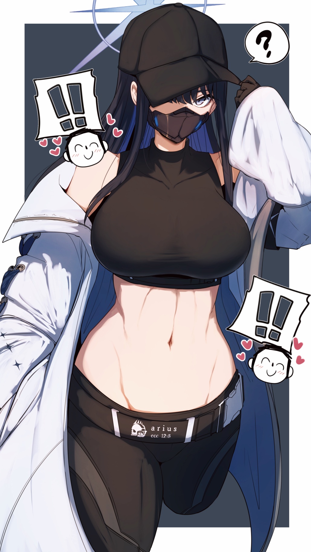 !, !!, ?, armband, bare shoulders, baseball cap, belt, black gloves, black hair, black hat, black pants, black shirt, blue archive, blue eyes, blue hair, breasts, chibi, coat, colored inner hair, crop top, doodle sensei (blue archive), female, gin moku, gloves, halo, hat, highres, large breasts, long hair, long sleeves, looking at viewer, mask, midriff, mouth mask, multicolored hair, navel, off shoulder, open clothes, open coat, pants, saori (blue archive), sensei (blue archive), shirt, sleeveless, sleeveless shirt, solo focus, thighs, toned, white coat