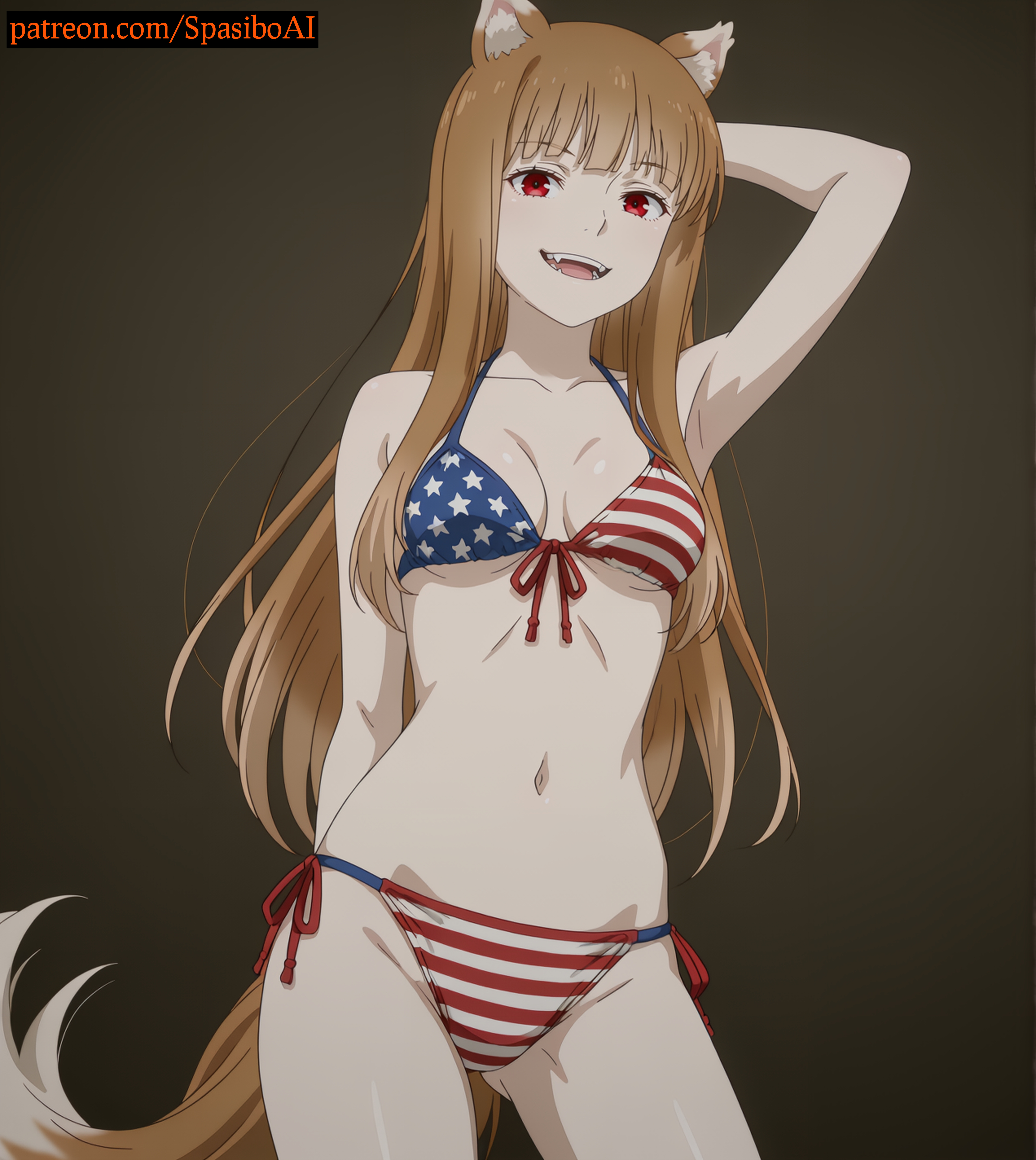 :d, accurate art style, ai generated, american flag, american flag bikini, american flag print, animal ear fluff, animal ears, arm behind back, arm behind head, armpits, artist name, ass visible through thighs, bikini, breasts, brown background, brown hair, cleavage, cowboy shot, fangs, female, flag print, front-tie top, gradient background, groin, holo, long hair, looking at viewer, medium breasts, navel, open mouth, patreon username, print bikini, print swimsuit, red eyes, side-tie bikini bottom, simple background, smile, solo, spasibo15, spice and wolf, standing, stomach, straight hair, string bikini, swimsuit, tail, teeth, underboob, upper teeth only, web address, wolf ears, wolf girl, wolf tail