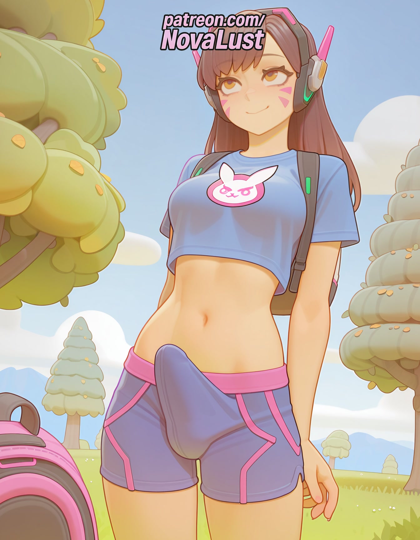 1futa, 2025, ai generated, artist name, balls, bangs, blue sky, breasts, brown eyes, brown hair, bust, casual, chest, cloud, cock, cowboy shot, crop top, d.va, day, dick, facepaint, facial mark, futanari, headphones, hi res, high quality, high resolution, highres, intersex, long hair, mecha, midriff, navel, novalust, outdoors, overwatch, patreon, patreon username, penis, shirt, shorts, sky, smile, solo, stable diffusion, testicles, watermark, whisker markings