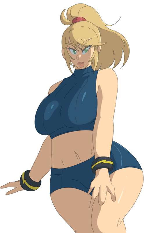 big breasts, bimbo, blonde hair, breasts, casual outfit (metroid), curvy, female, fully clothed, green eyes, leedraw11, metroid, nintendo, samus aran, thick lips, thick thighs