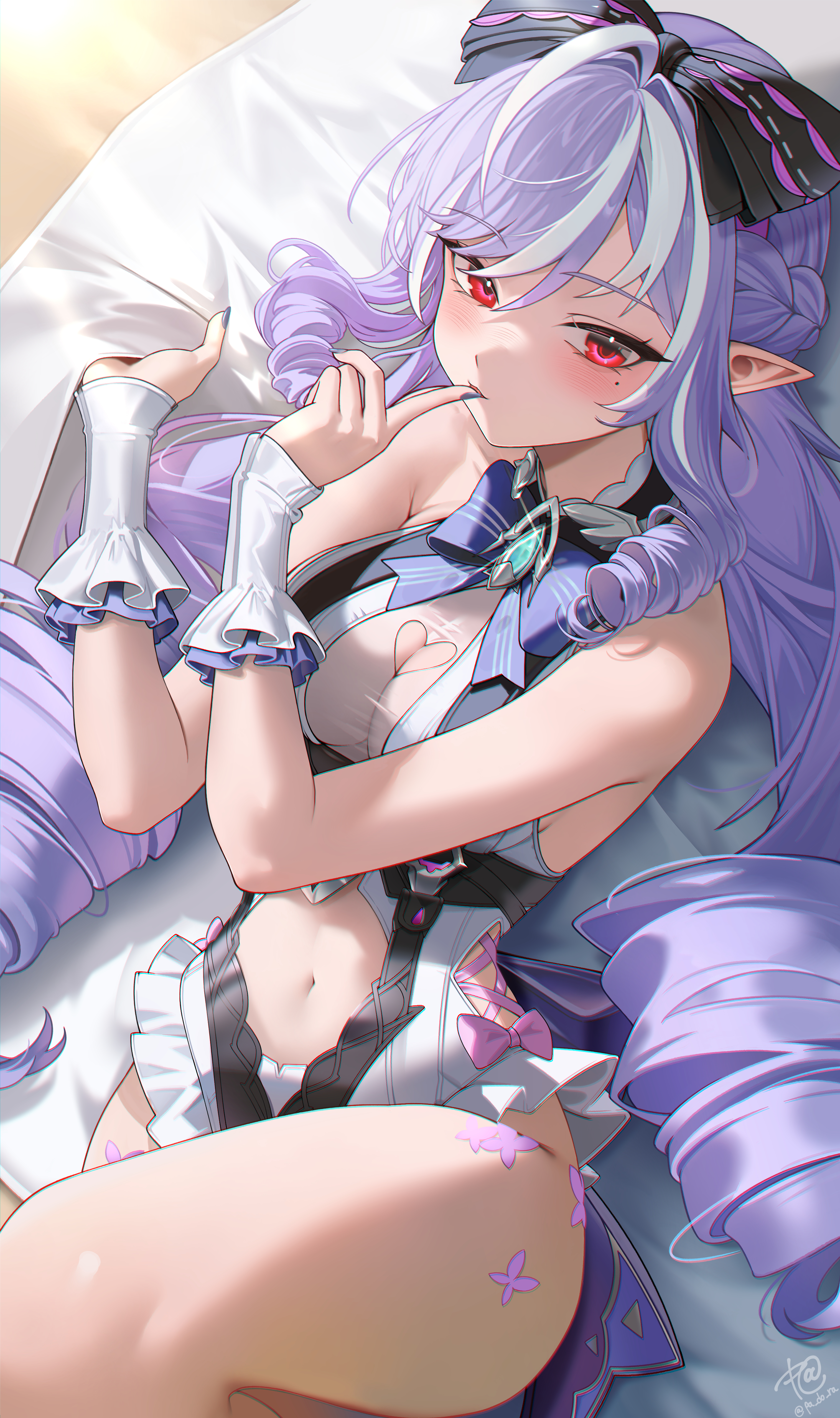 absurdres, artist name, bare shoulders, black bow, blush, bow, breasts, clothing cutout, commentary, english commentary, female, fingernails, hahany, hairbow, hands up, heart cutout, highres, large breasts, long hair, looking at viewer, mole, mole under eye, multicolored hair, nail polish, navel, official alternate costume, one-piece swimsuit, pointy ears, purple hair, purple nails, red eyes, revision, sidelocks, solo, stomach, stomach cutout, streaked hair, swimsuit, thighs, very long hair, vivian (zenless zone zero), vivian banshee, vivian banshee (iris of the shore), white one-piece swimsuit, zenless zone zero