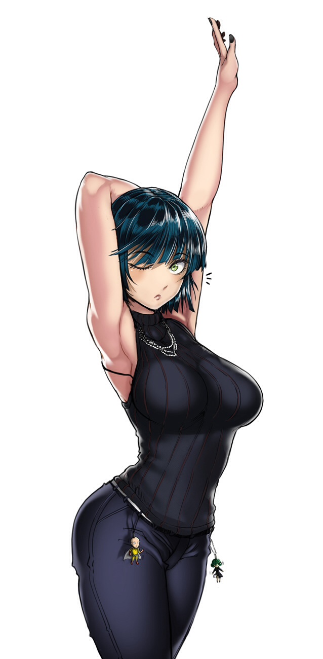 1girls, 2016, 2d, 2d (artwork), alternate costume, armpit, armpits, arms up, bare shoulders, big breasts, black hair, black nails, breasts, casual, female, female only, fubuki (one-punch man), green eyes, hips, huge breasts, human, human only, large breasts, looking at viewer, one eye closed, one-punch man, questionable, sfw, short hair, simple background, solo, solo female, stretching, thick, thick thighs, thighs, voluptuous, white background, wide hips, wink, winking at viewer, young woman