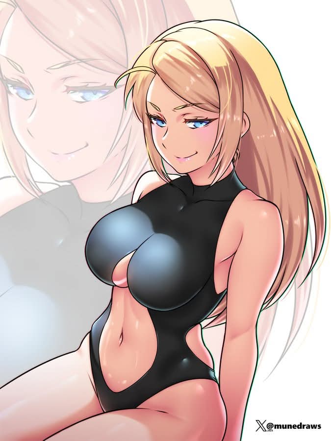 black outfit, blonde hair, blue eyes, boob window, breasts, cleavage, etchimune, female, metroid, samus aran, tagme, tight clothing