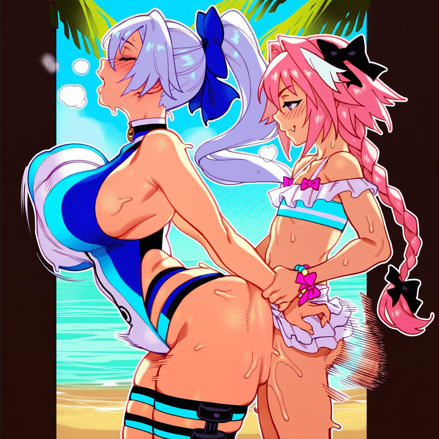 1boy, 1girls, ai generated, arm grab, arm pull, arms pulled back, astolfo (fate), demerzel, fate (series), femboy, femboy on female, femboydom, grabbing arm, grabbing arms, large breasts, larger female, light-skinned femboy, size difference, smaller male
