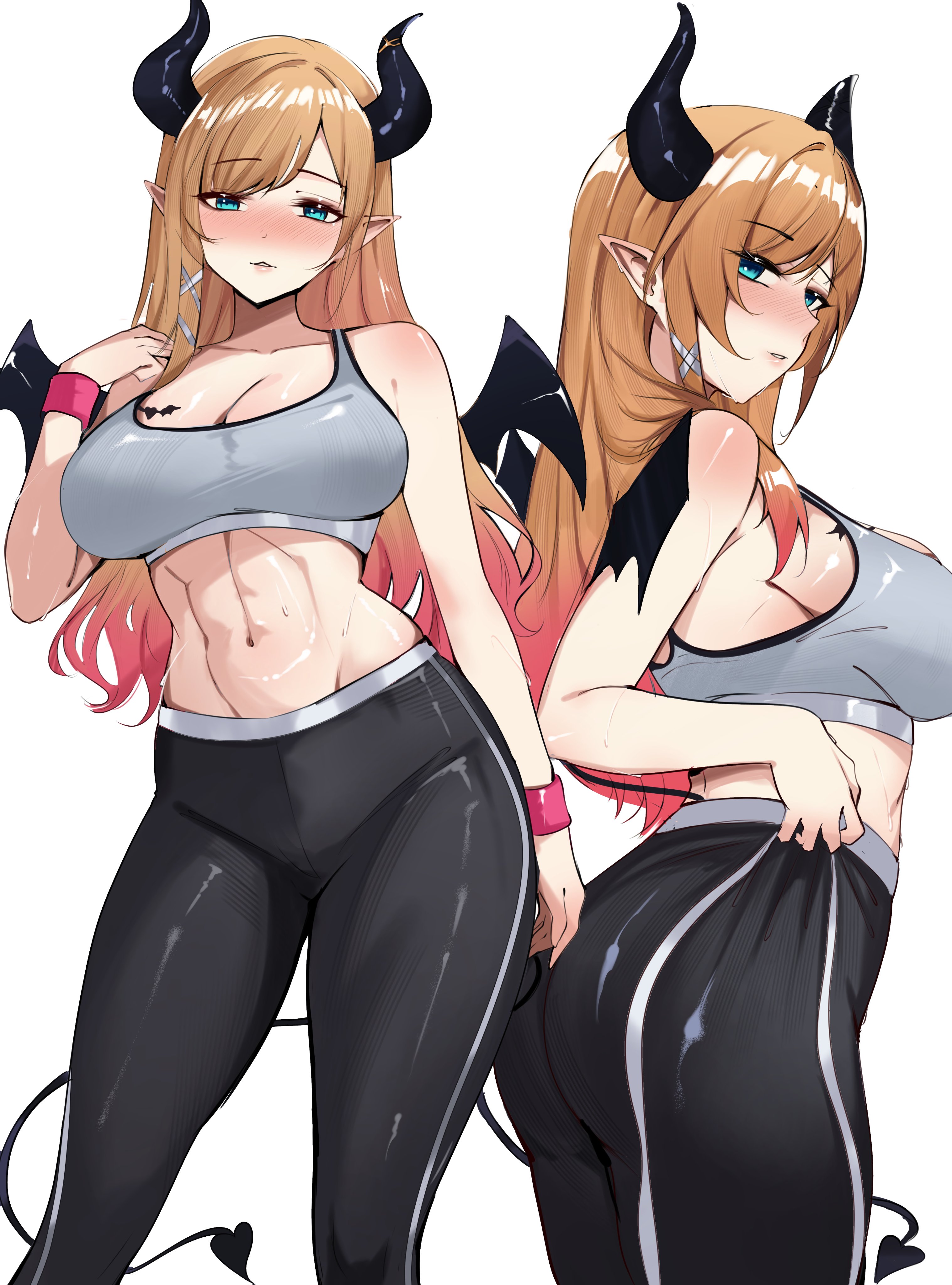 absurdres, alternate costume, asymmetrical bangs, bare shoulders, black pants, blonde hair, blush, breast tattoo, breasts, cleavage, clothes pull, collarbone, commentary, commission, contrapposto, demon girl, demon horns, demon tail, demon wings, female, from side, gradient hair, green hair, grey sports bra, hair ribbon, highres, hololive, hololive gen 2, hololive japan, horns, large breasts, long hair, looking at viewer, meeko illus, midriff, multicolored hair, multiple views, navel, orange hair, pants, pants pull, parted lips, pointy ears, ribbon, sideboob, simple background, sports bra, sportswear, standing, tail, tattoo, toned, toned female, tress ribbon, virtual youtuber, white background, wings, wristband, yoga pants, yuzuki choco