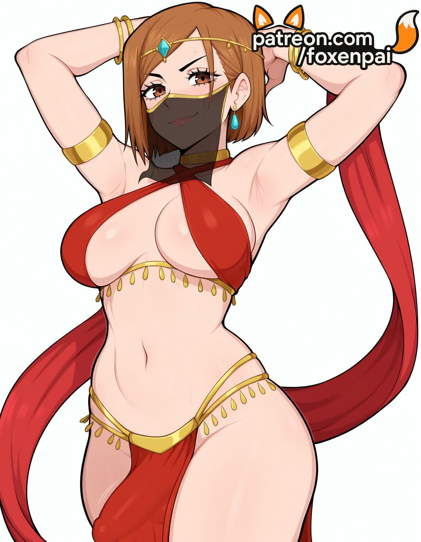 1futa, 2025, ai generated, armlet, armpits, arms up, artist name, breasts, brown eyes, brown hair, bust, chest, earrings, foxenpai, futanari, hi res, high quality, high resolution, highres, intersex, jewelry, jujutsu kaisen, kugisaki nobara, mouth veil, navel, patreon, patreon username, pelvic curtain, short hair, solo, stable diffusion, veil, watermark