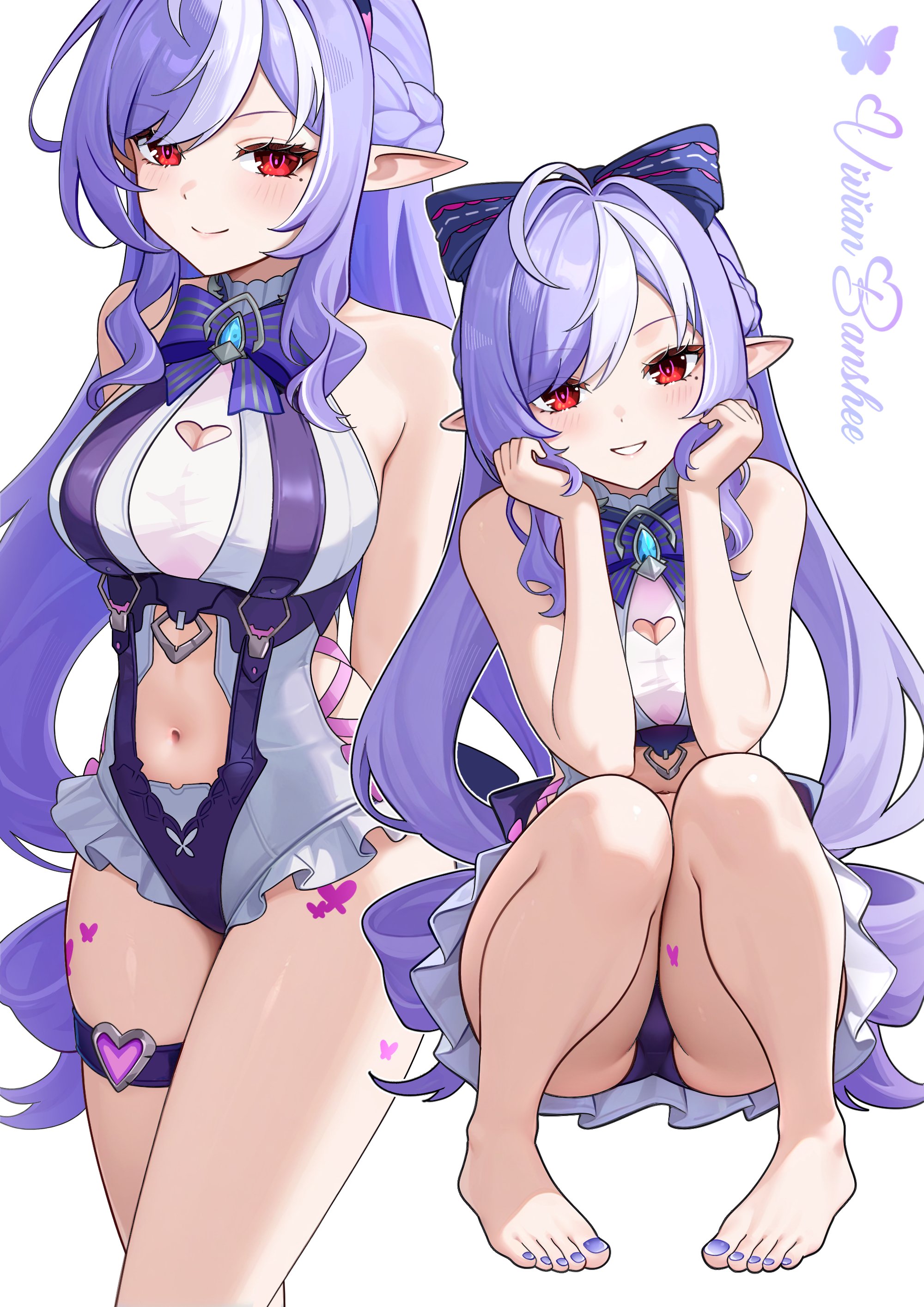 1girls, arcticaviary, breasts, exposed breasts, female, hoyoverse, legs, long hair, mihoyo, official alternate costume, purple hair, red eyes, swimsuit, vivian banshee, vivian banshee (iris of the shore), white swimsuit, zenless zone zero