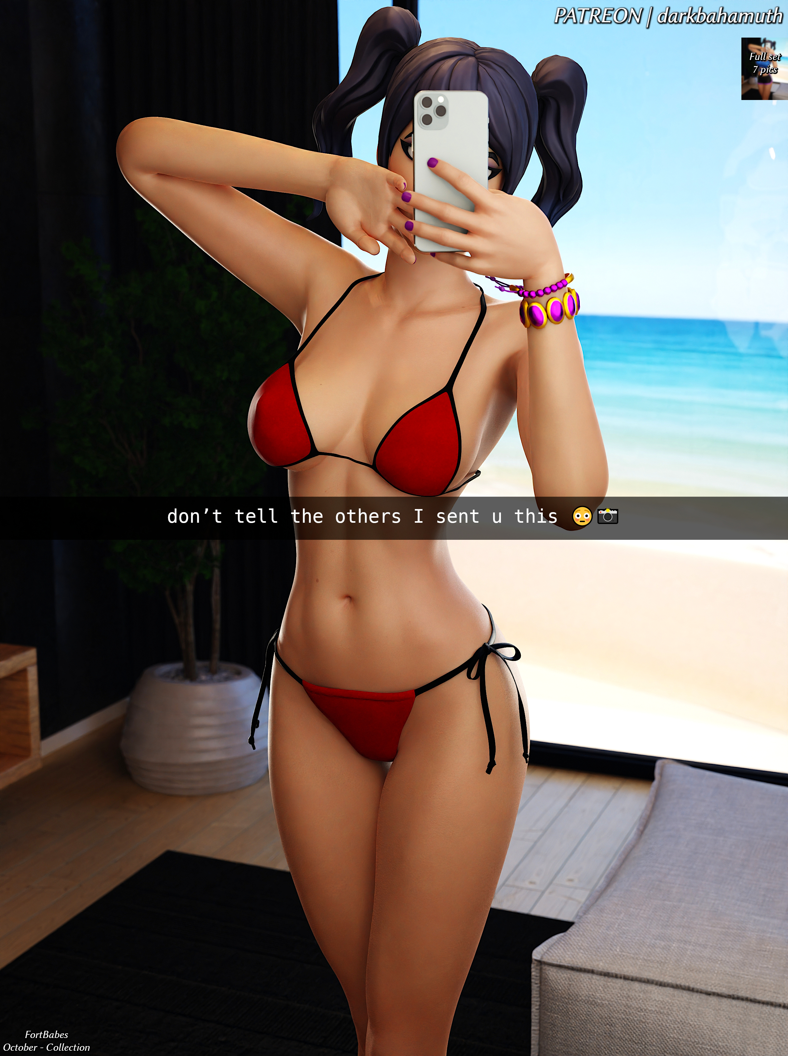 3d, 3d (artwork), asian, asian female, belly, bikini, crystal, crystal (fortnite), darkbahamuth, female, fortnite, midriff, pinup, selfie, snapchat