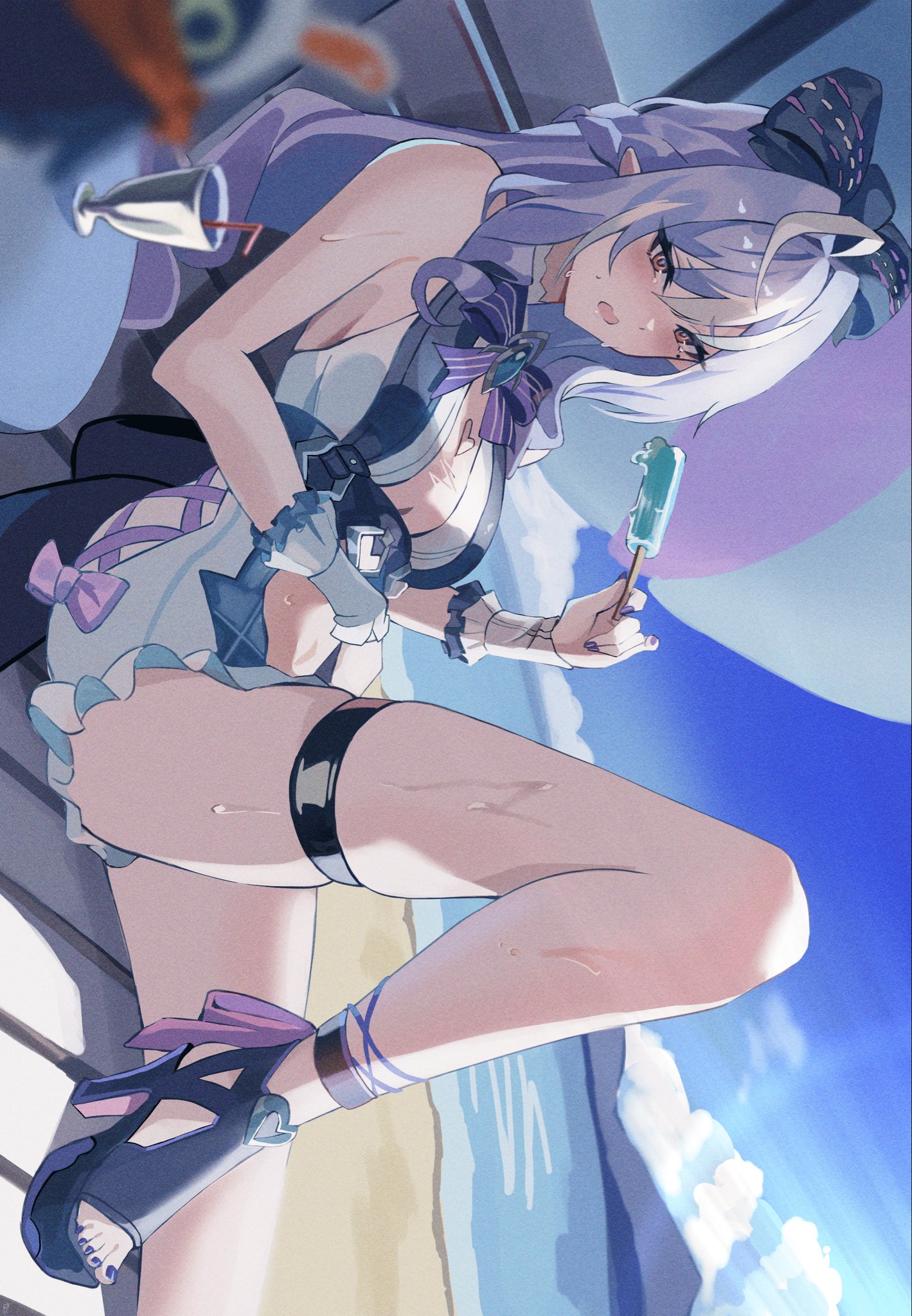 1girls, breasts, exposed breasts, female, hoyoverse, legs, long hair, mihoyo, official alternate costume, purple hair, red eyes, swimsuit, vivian banshee, vivian banshee (iris of the shore), white swimsuit, yato wz, zenless zone zero