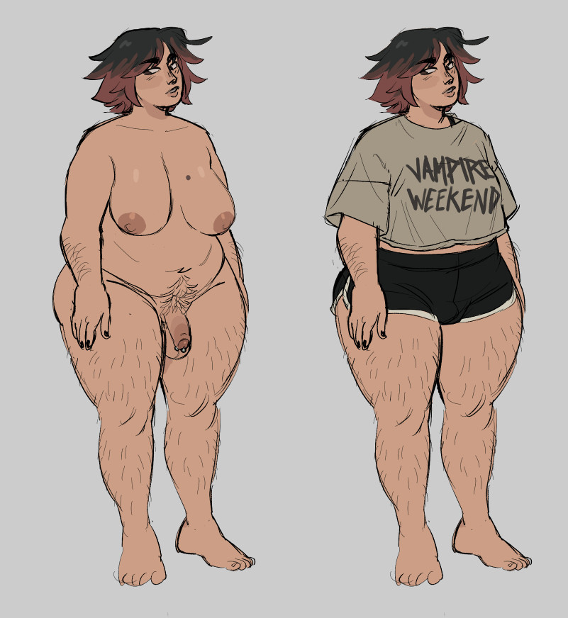1futa, 2d, arm hair, big breasts, black fingernails, black nails, body hair, breasts, casual, catgrrrlriot, chubby, chubby futa, clothing, color, completely nude, completely nude futa, dark hair, dolphin shorts, english, english text, flaccid, flaccid penis, futa only, futanari, genital piercing, genitals, hair highlights, harry gunner (catgrrrlriot), human, intersex, large breasts, leg hair, loose clothes, loose shirt, mexican, mexican female, mole, mole (marking), mole on breast, multicolored hair, multiple views, nonsexual, nonsexual nudity, nude, nude futa, original character, pale skin, penis, penis piercing, piercing, pubic hair, reference image, shirt, shorts, shoulder length hair, simple background, solo, solo focus, solo futa, tan areola, tan skin, tan-skinned futa, text, text on shirt, thick thighs, trans woman, transfem, transgender, wide hips