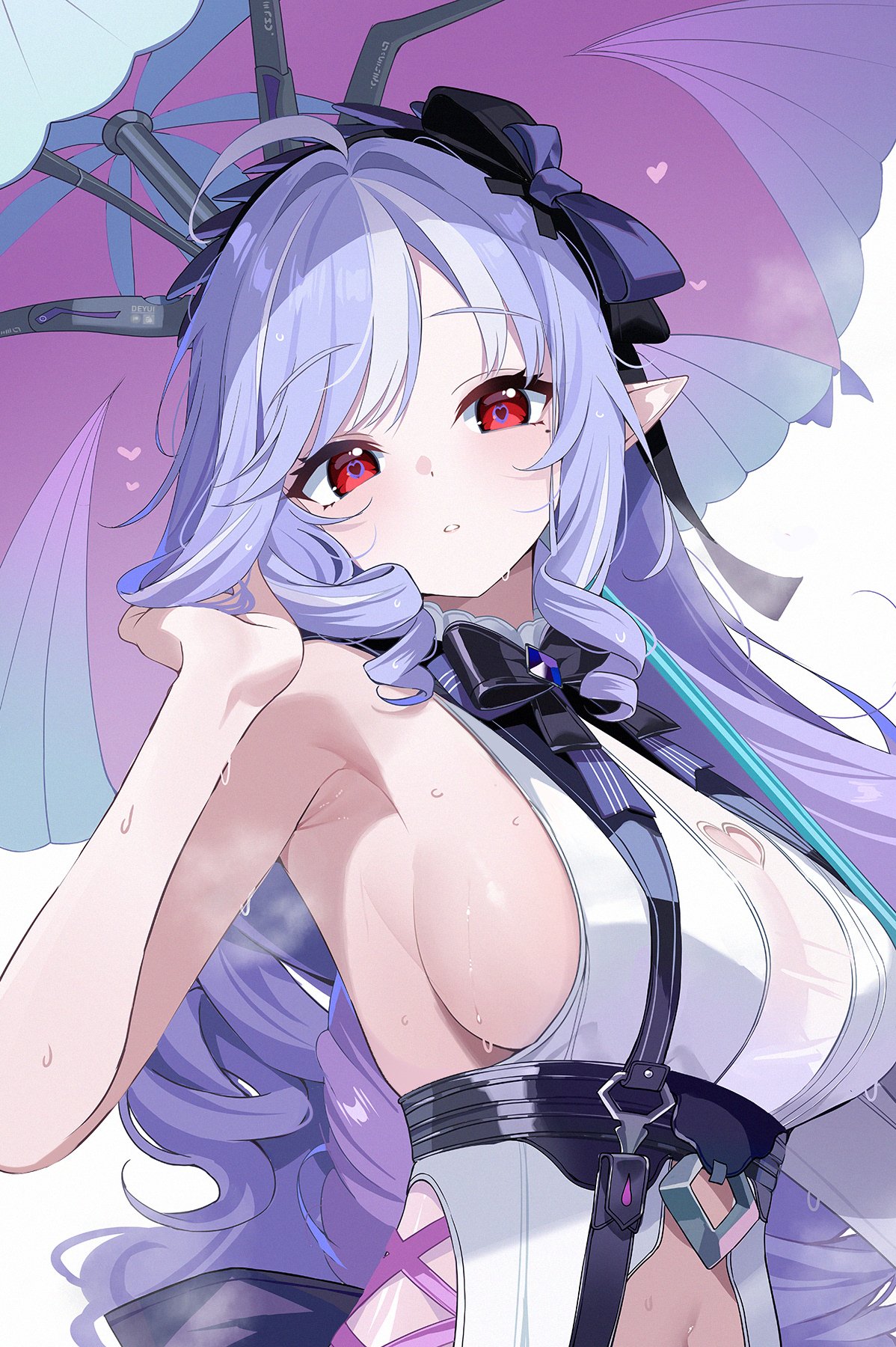 1girls, artist request, breasts, exposed breasts, female, hoyoverse, long hair, mihoyo, official alternate costume, purple hair, red eyes, sideboob, swimsuit, vivian banshee, vivian banshee (iris of the shore), white swimsuit, zenless zone zero