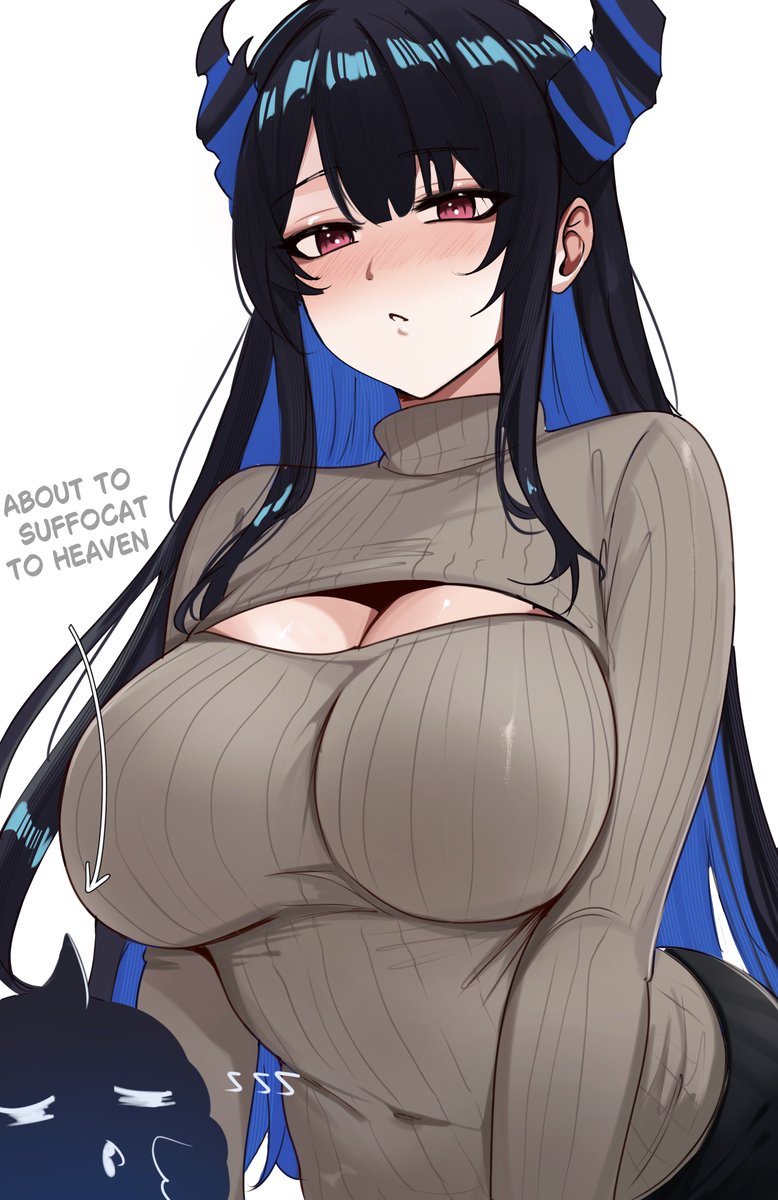 black hair, blue hair, blush, breasts, cleavage, cleavage cutout, clothing cutout, demon girl, demon horns, english text, fan mascot (vtuber), female, grey sweater, highres, hololive, hololive english, hololive english -advent-, horns, jailbird (nerissa ravencroft), large breasts, leaning forward, long hair, meeko illus, multicolored hair, nerissa ravencroft, no mole, open-chest sweater, parted lips, red eyes, ribbed sweater, solo, sweater, turtleneck, turtleneck sweater, two-tone hair, typo, upper body, very long hair, virtual youtuber