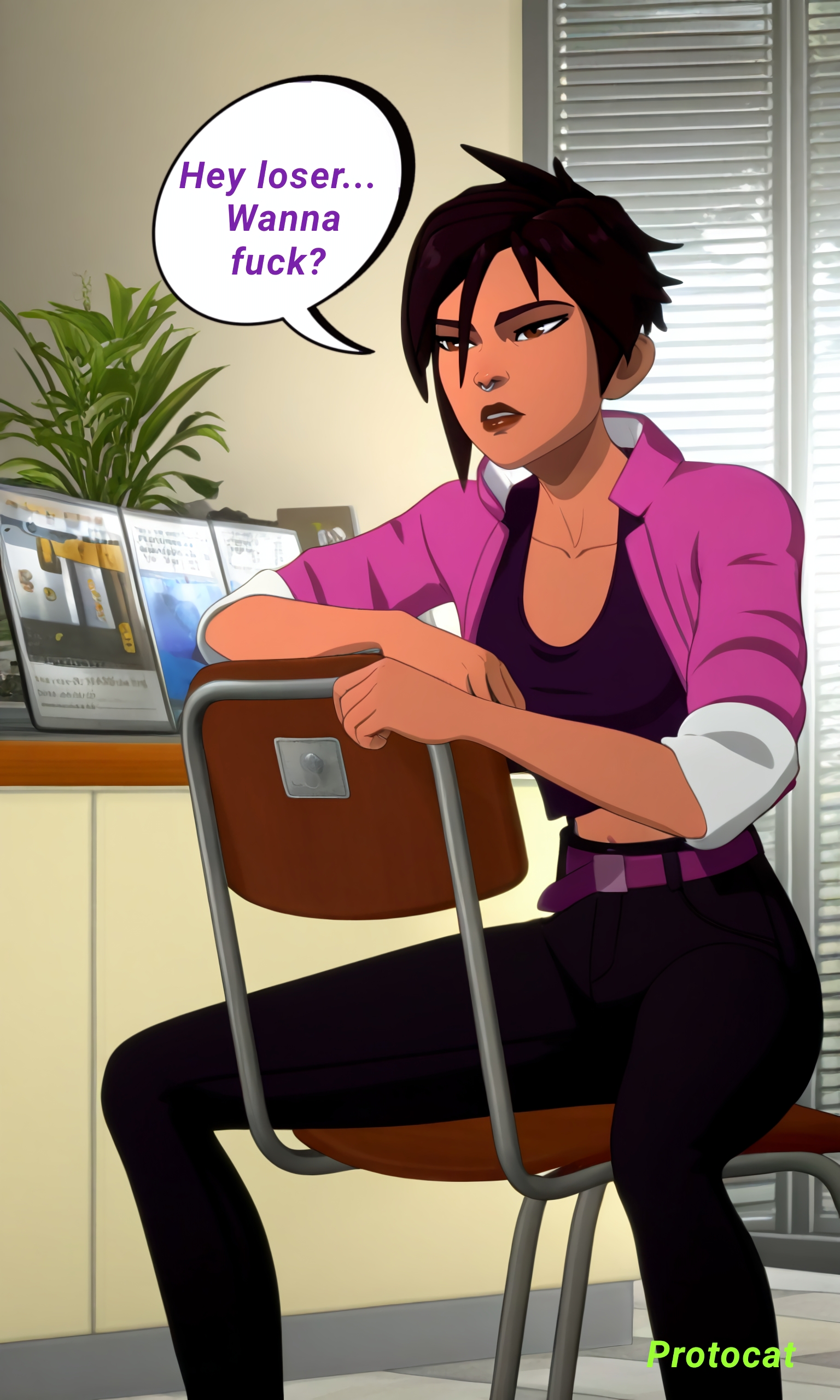 1girls, 3dcg, ai assisted, ai generated, bare belly, belly, belt, belt buckle, breasts, brown body, brown eyes, brown lips, brown skin, cel shading, clothed, collarbone, dark hair, dark skin, dark-skinned female, dialogue, dispatch (game), english text, female, fully clothed, insult, insulting viewer, invisigal, jacket, legs apart, looking at viewer, medium breasts, messy hair, nose piercing, nose ring, office, on chair, piercing, protocat, short hair, short hair female, sitting, sitting backwards, sitting on chair, slender, slender body, slender waist, slim, slim waist, solo, solo female, solo focus, spread legs, superhero, superheroine, talking to viewer, text, text bubble