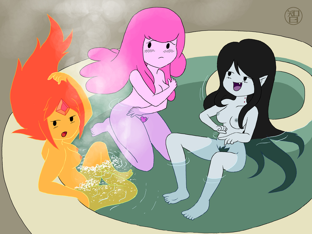 adventure_time black_hair blush breasts coldfusion female fire_hair flame_princess hair hot_tub marceline nipples nude pink_hair princess_bubblegum pubic_hair pussy red_hair sideboob undead unshaved_pussy vampire water