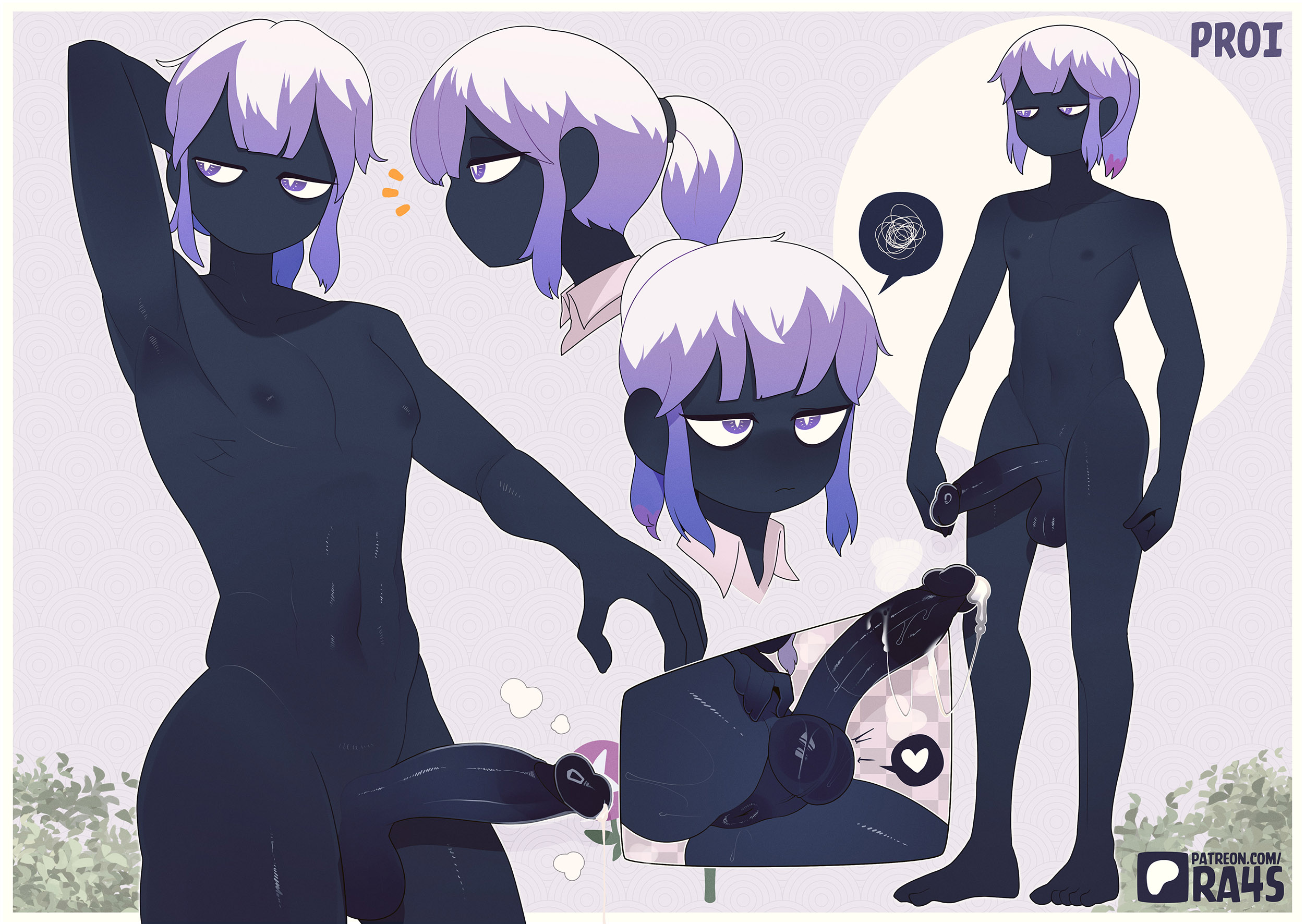 1boy, androgynous, anus, balls, big penis, black body, character request, completely nude, completely nude male, cum, male, male only, nipples, nude, nude male, pecs, penis, purple eyes, ra4s, skinny, solo, solo male, sweat, tagme, text, white hair