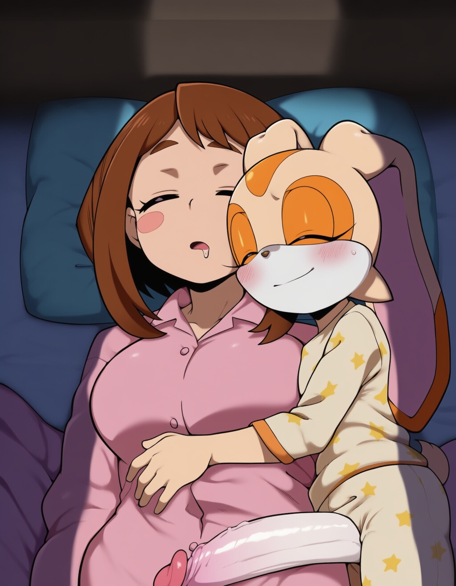 ai generated, anthro, breasts, cream the rabbit, crossover, duo, furry, futa, futanari, greedy, hugging, intersex, my hero academia, ochako uraraka, ownership, pajamas, penis, sega, sleeping, sleeping together, sonic (series), uraraka ochako