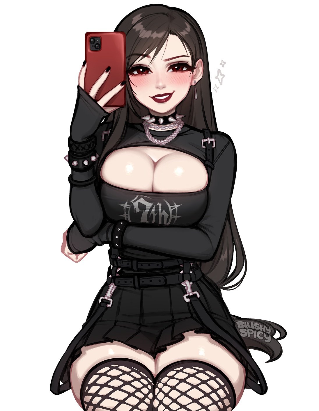 1girls, alternate costume, arm under breasts, black choker, black hair, black nails, blushypixy, blushyspicy, breasts, choker, cleavage, commentary, earrings, english commentary, female, final fantasy, final fantasy vii, fishnet thighhighs, fishnets, gloves, goth, goth girl, goth tifa, highres, jewelry, large breasts, long hair, looking at viewer, red eyes, red lips, selfie, smile, solo, spiked choker, spikes, teeth, thighhighs, tifa lockhart