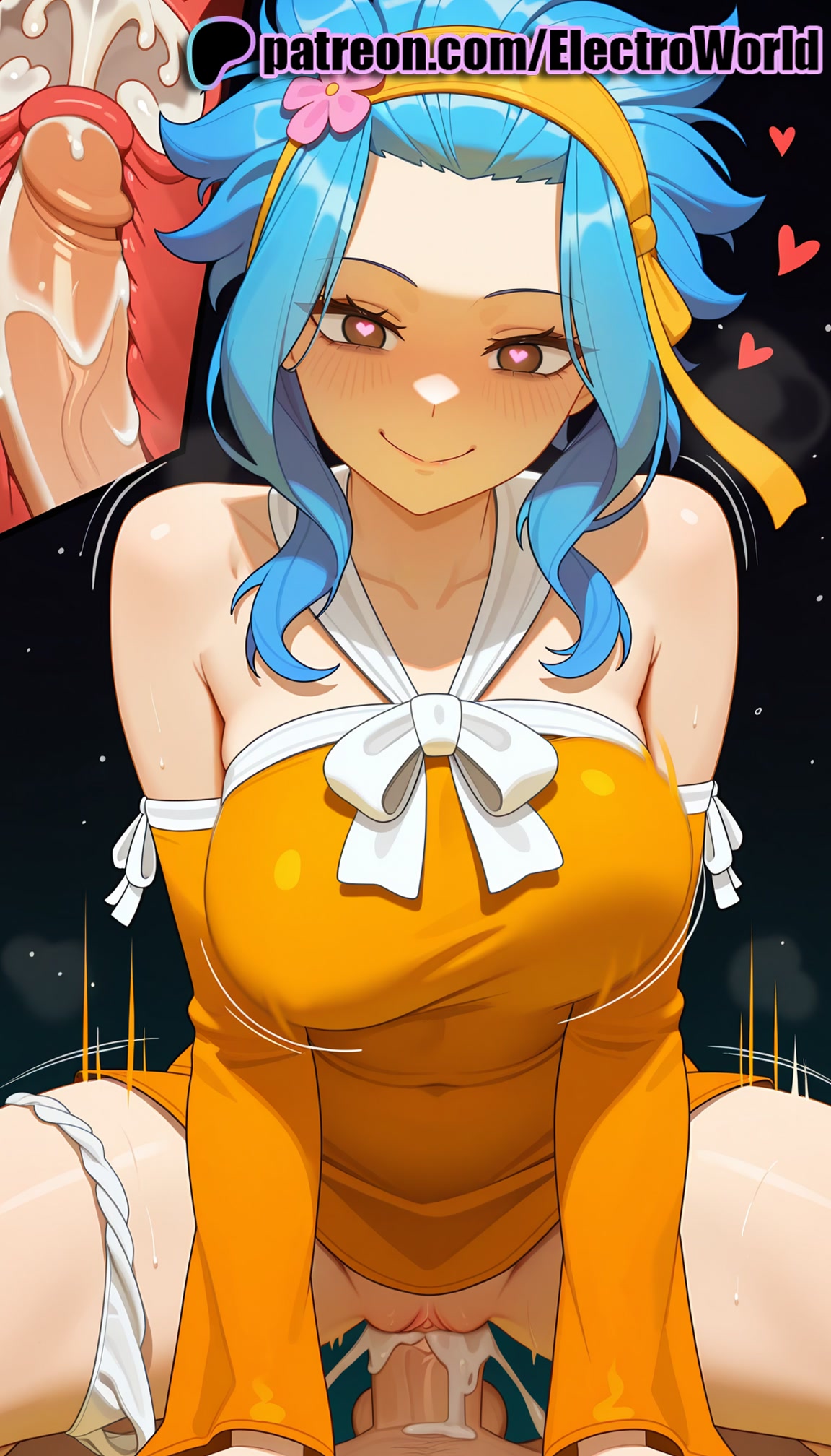 1boy, 1girls, 2025, ai generated, artist name, bare shoulders, blue hair, blue-haired female, blush, breasts, bust, cervix, chest, clitoral hood, clitoris, closed mouth, clothed sex, cock, cowgirl position, cross section, cum, cum in pussy, dick, ejaculation, electroworld, exposed pussy, fairy tail, female, female on top, fucking, heart, hi res, high quality, high resolution, highres, intercourse, internal cumshot, juicy pussy, levy mcgarden, love making, male, orange dress, orange shirt, panties, panties around one leg, patreon, patreon username, penetration, penis, pussy, riding, sex, sexual intercourse, smile, solo focus, squatting cowgirl position, stable diffusion, straddling, straight, symbol-shaped pupils, tight pussy, uncensored, uterus, vagina, vaginal penetration, watermark