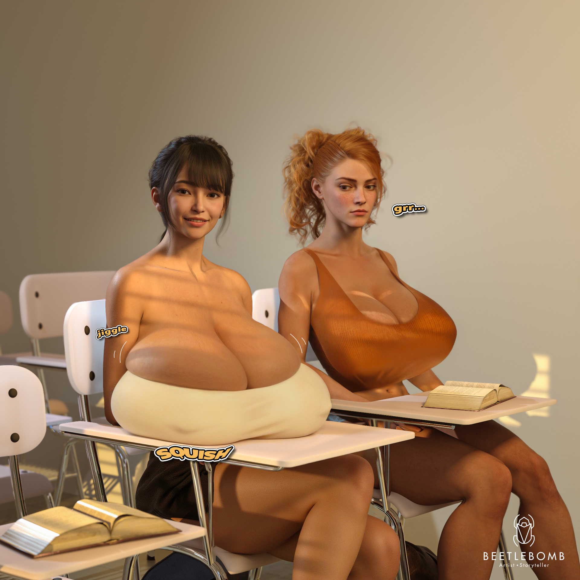 2girls, 3d, beetlebomb, big ass, big breasts, big thighs, book, breast envy, breast rest, breast size difference, breast squish, breasts, breasts bigger than head, breasts on desk, breasts on table, busty, classroom, classroom desk, curvaceous, curvy, curvy figure, desk, enormous breasts, female, gigantic breasts, hips, hourglass figure, huge ass, huge breasts, huge thighs, hyper breasts, large ass, large breasts, large thighs, legs, light skin, light-skinned female, massive breasts, mature, mature female, open book, original, original character, overflowing breasts, skindentation, slim waist, small but busty, soft breasts, thick, thick hips, thick legs, thick thighs, thighs, top heavy, voluptuous, waist, wide hips, wide thighs