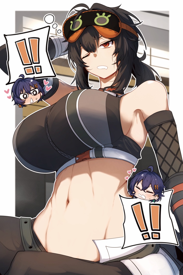 2girls, belle (zenless zone zero), black hair, blue hair, blush, breasts, closed eyes, crop top, female, gin moku, goggles, goggles on head, grace howard, hair between eyes, heart, large breasts, lesbian thoughts, midriff, multiple females, multiple girls, navel, one eye closed, orange eyes, short hair, upper body, yuri, zenless zone zero