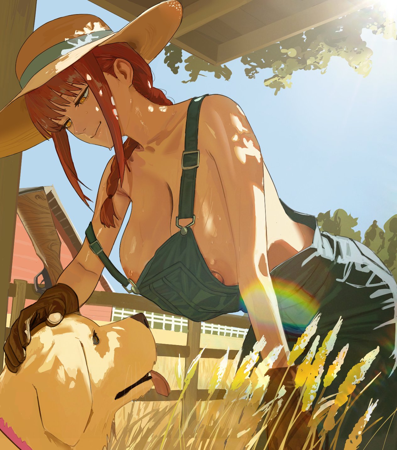 1girls, bare shoulders, bent over, braid, breasts, chainsaw man, cleavage, collarbone, day, farm, farmgirl, female, gloves, hanging breasts, hat, hintobento, huge breasts, large breasts, long hair, makima (chainsaw man), nipples, outdoors, overalls, red hair, sky, smile, solo, solo focus, sun hat, sweat, tagme, thighs