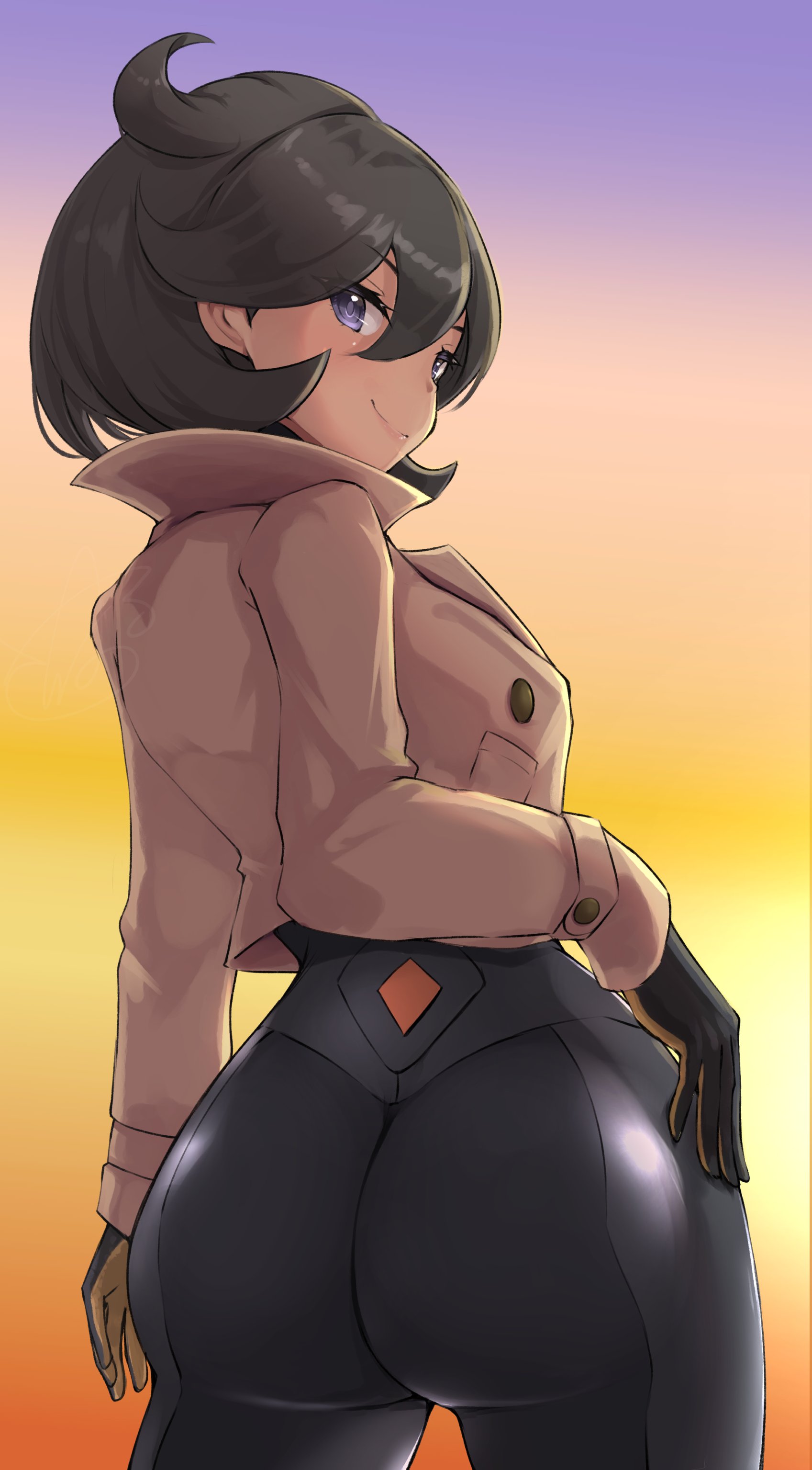 1girls, absurdres, ass, ass focus, black bodysuit, black hair, bodysuit, bodysuit under clothes, booty, brown jacket, bubble butt, dark skin, dark-skinned female, emma (pokemon), gloves, highres, huge ass, jacket, kuro (be ok), latex, latex bodysuit, looking back, matiere (pokemon legends: z-a), matiere (pokemon), multicolored gloves, orange gloves, pokemon, pokemon legends: z-a, purple eyes, two-tone gloves