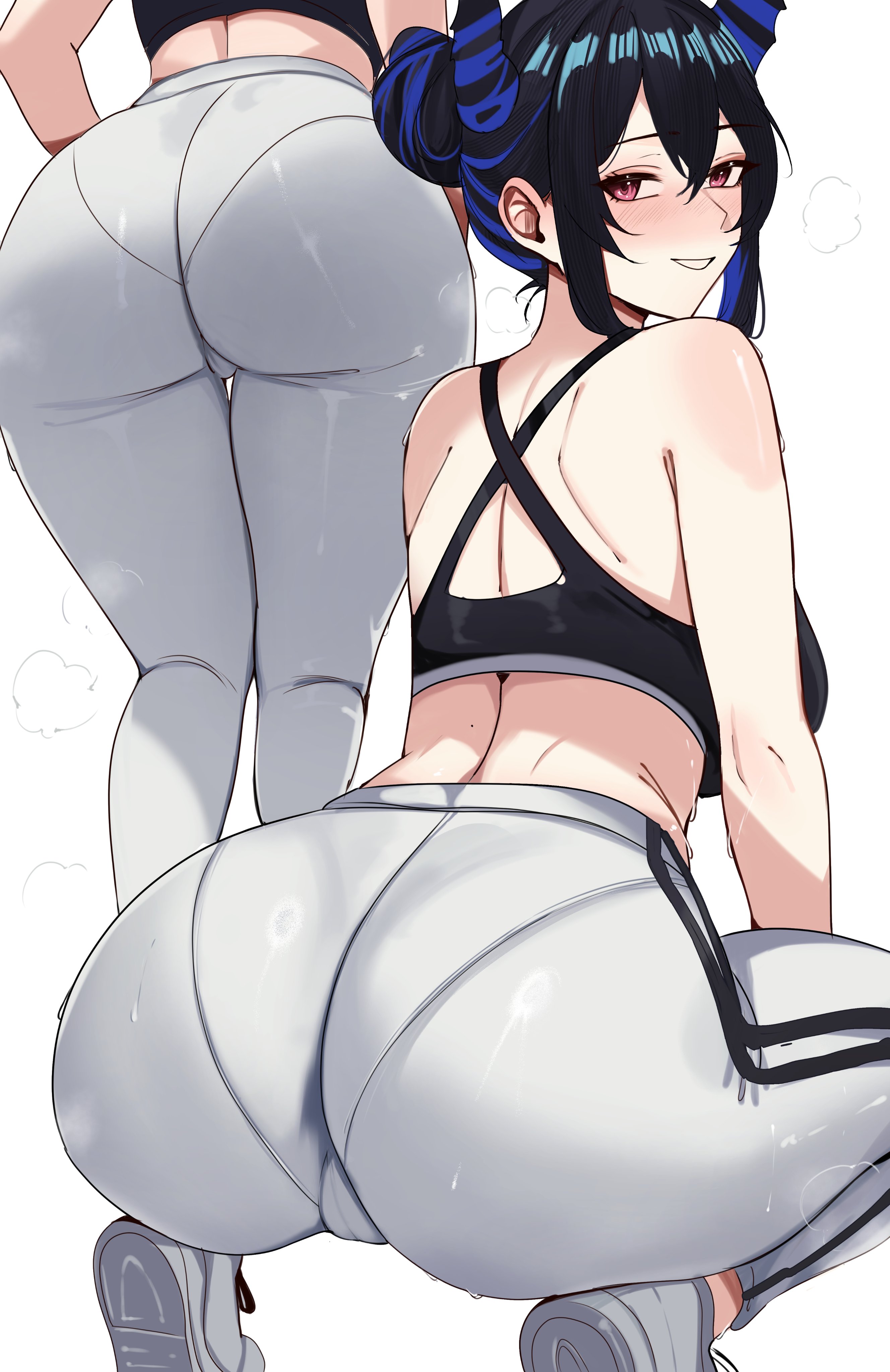 about to burst, absurdres, alternate hairstyle, ass, ass focus, ass too big, asymmetrical horns, back, barely contained, barely contained ass, barely fits, big ass, black hair, blue hair, breasts, cameltoe, colored inner hair, demon horns, female, hair bun, highres, hololive, hololive english, hololive english -advent-, horns, huge ass, imminent wardrobe malfunction, large breasts, long hair, looking at viewer, looking back, meeko illus, mole, mole under eye, multicolored hair, nerissa ravencroft, pantylines, red eyes, simple background, squatting, straining clothing, sweat, thighs, tight clothes, tight clothing, tight fit, tight pants, too tight, two-tone hair, undersized clothes, undersized clothing, underwear outline, uneven horns, virtual youtuber, white background