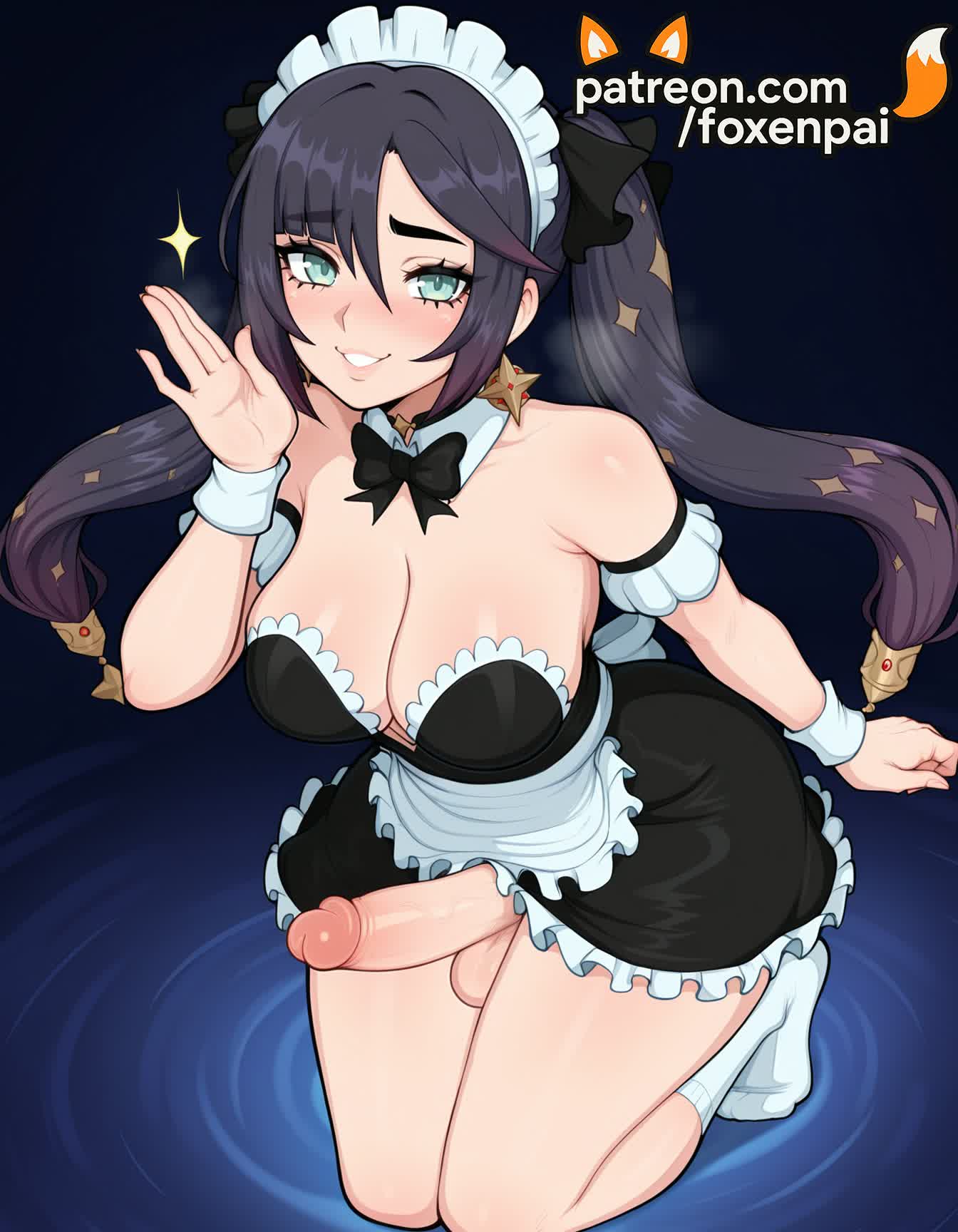 1futa, 2025, ai generated, apron, artist name, balls, breasts, bust, chest, cock, crossdressing, dick, enmaided, erection, foxenpai, frilled apron, frills, futanari, genshin impact, hi res, high quality, high resolution, highres, intersex, long hair, maid, maid apron, maid headdress, mona (genshin impact), otoko no ko, patreon, patreon username, penis, rule 63, solo, sparkle, sparkle background, stable diffusion, star (symbol), testicles, twintails, uncensored, waist apron, water, watermark, white apron, white legwear