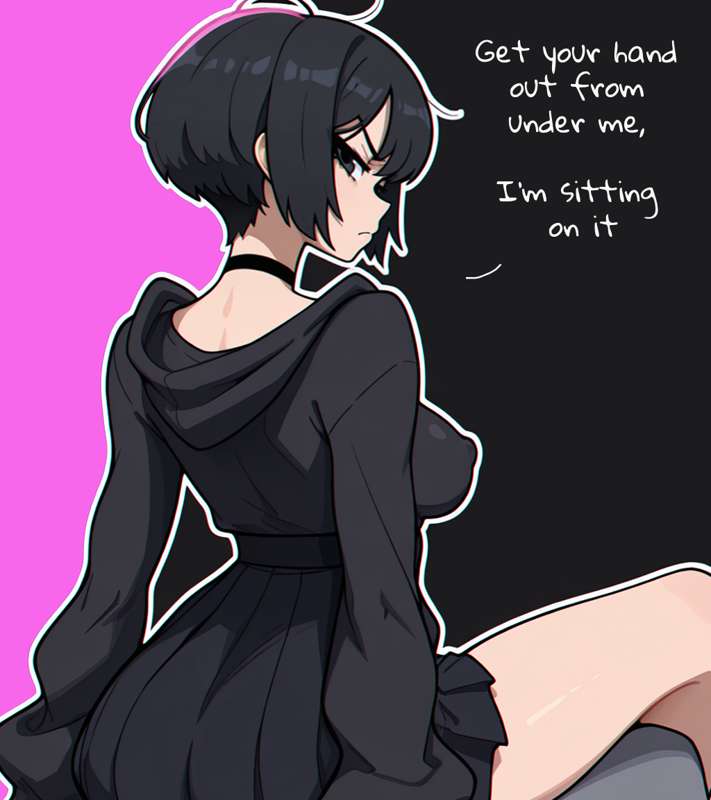 1boy, 1girls, a.mikusa, angry, annoyed, black clothing, black hair, brat girl (a.mikusa), breasts, choker, female, hoodie, looking at viewer, looking back, male, medium breasts, narrowed eyes, nipples visible through clothing, no bra, perky breasts, short hair, skirt, thick thighs, train interior, tsundere