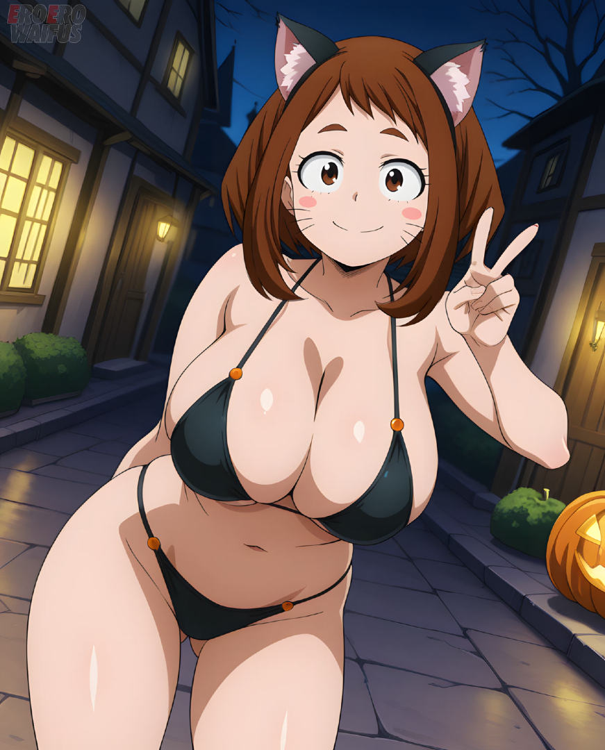 ai generated, bare thighs, bikini, boku no hero academia, breasts, brown eyes, brunette hair, cat ears, eroero waifus, female, gigantic breasts, halloween, huge breasts, huge thighs, light skin, light-skinned female, looking at viewer, massive breasts, my hero academia, ochako uraraka, short hair, smiling, solo female, squatting, sweat, sweatdrop, thick body, thick female, thick thighs, thighs, voluptuous, voluptuous female