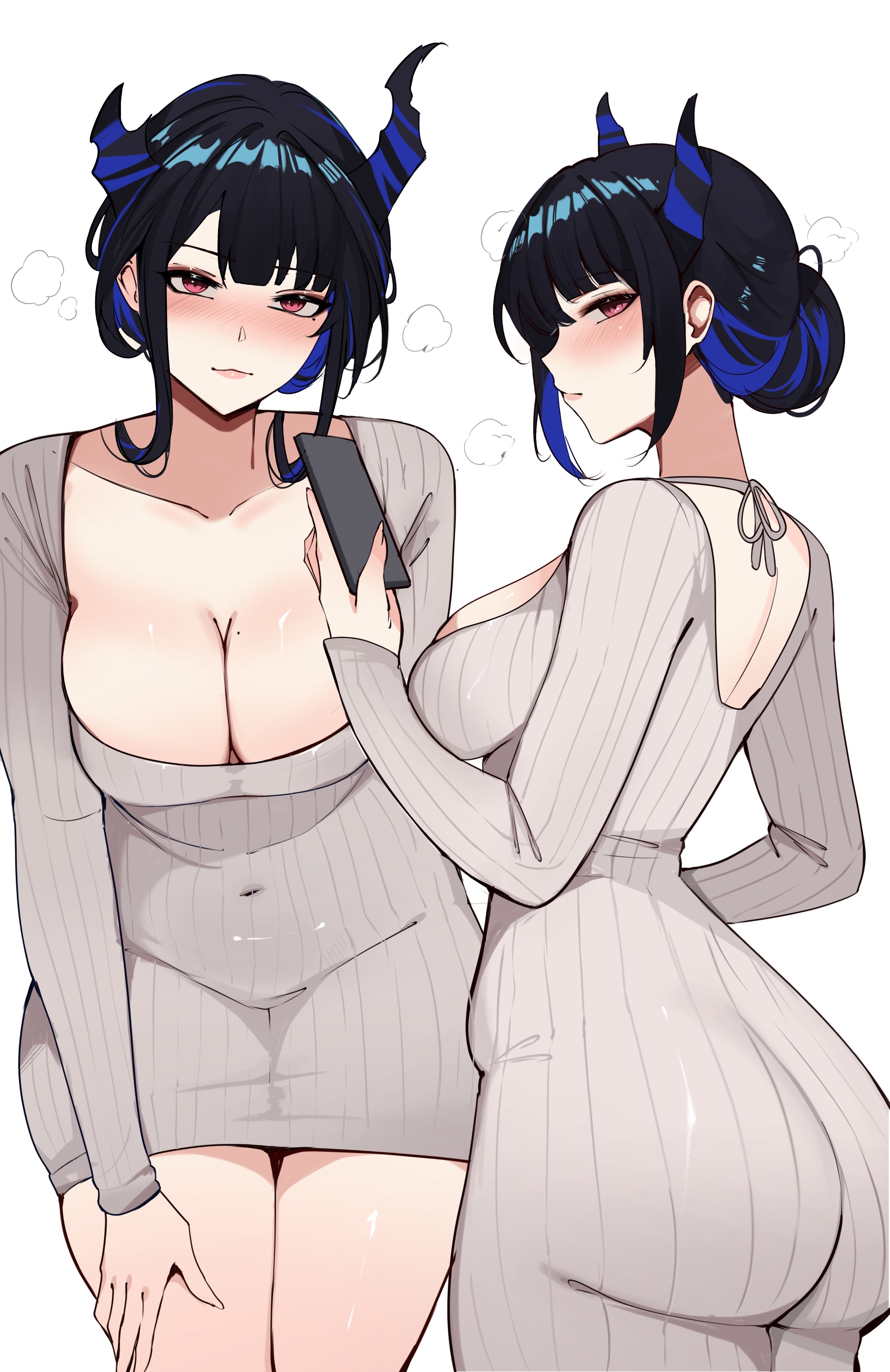 absurdres, ass, asymmetrical horns, black hair, blue hair, blush, breasts, cellphone, cleavage, demon horns, dress, female, grey dress, hashtag-only commentary, highres, holding, holding phone, hololive, hololive english, hololive english -advent-, horns, large breasts, looking at viewer, meeko illus, mole, mole under eye, multicolored hair, multiple views, nerissa ravencroft, phone, red eyes, smartphone, two-tone hair, uneven horns, virtual youtuber, white background