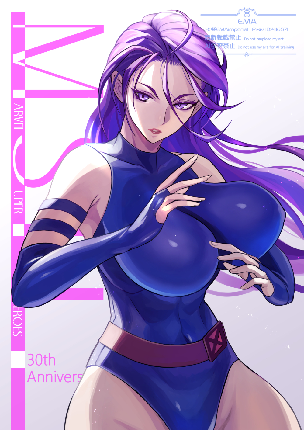 1girls, big breasts, breasts, ema (emaura), emaimperial, female, female only, huge breasts, kunoichi, large breasts, leotard, long hair, marvel, marvel comics, psylocke, psylocke (kwannon), purple eyes, purple hair, purple leotard, solo, solo female, x-men