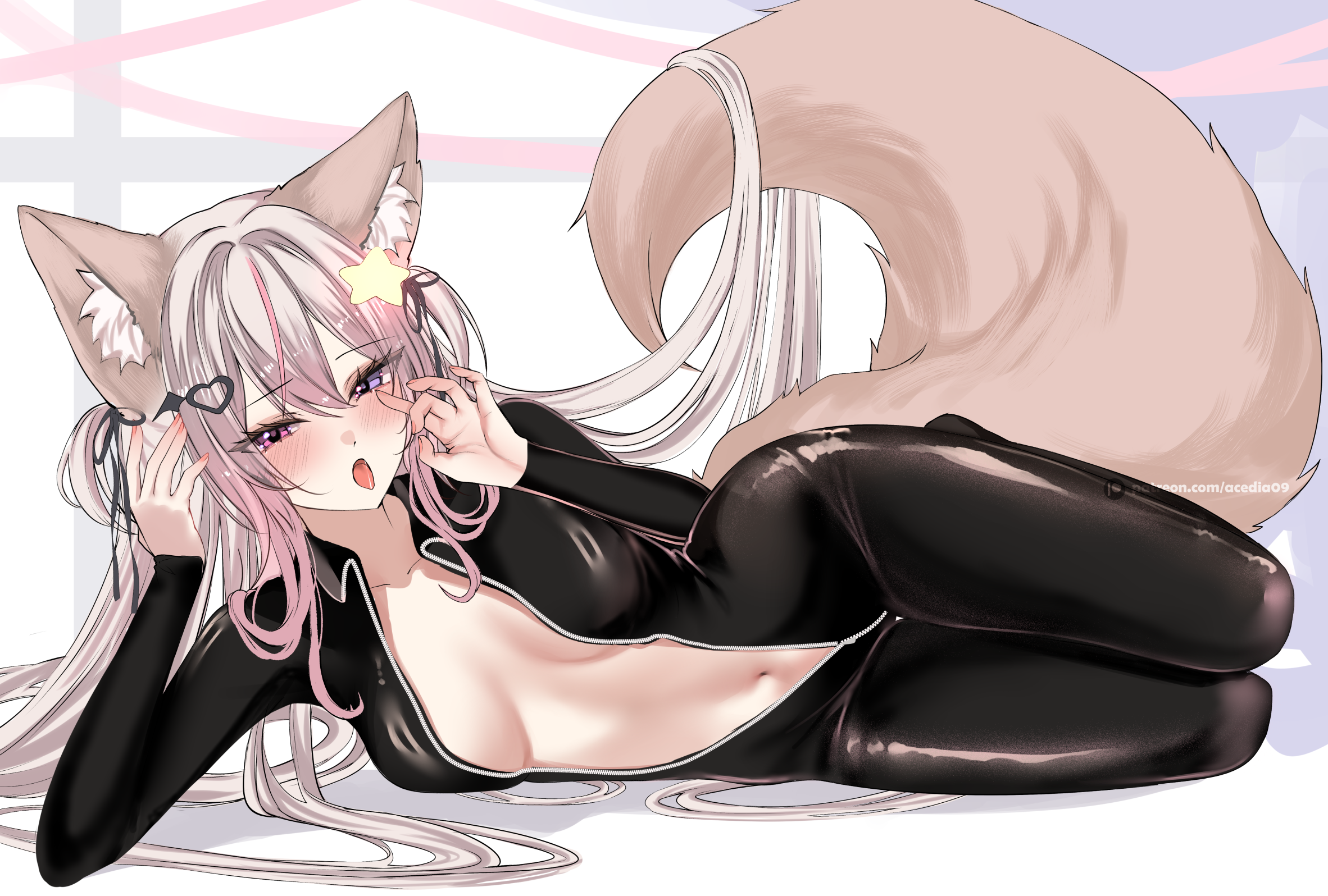 acedia, animal ear fluff, animal ears, annytf, arm support, artist name, black bodysuit, black ribbon, blush, bodysuit, breasts, breasts apart, commentary, english commentary, fellatio gesture, female, fox ears, fox girl, fox tail, full body, full-length zipper, grey hair, hair ornament, hair ribbon, heart, heart hair ornament, heterochromia, highres, indie virtual youtuber, large tail, long hair, looking at viewer, lying, medium breasts, multicolored hair, navel, on side, open bodysuit, open clothes, open mouth, patreon username, pink eyes, pink hair, purple eyes, ribbon, solo, star (symbol), star hair ornament, streaked hair, tail, thigh gap, tongue, tongue out, two side up, two-tone hair, unzipped, very long hair, virtual youtuber, web address, zipper