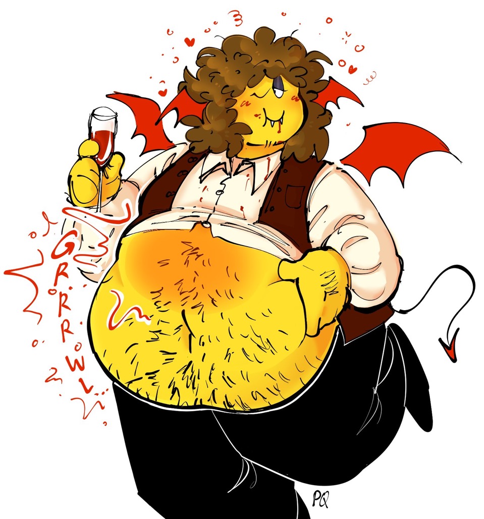 belly grab, big belly, butterslug, curly hair, fangs, fat, fat male, male, roblox, shedletsky, shedletsky (forsaken), vampire, vampire shedletsky, weight gain, wink