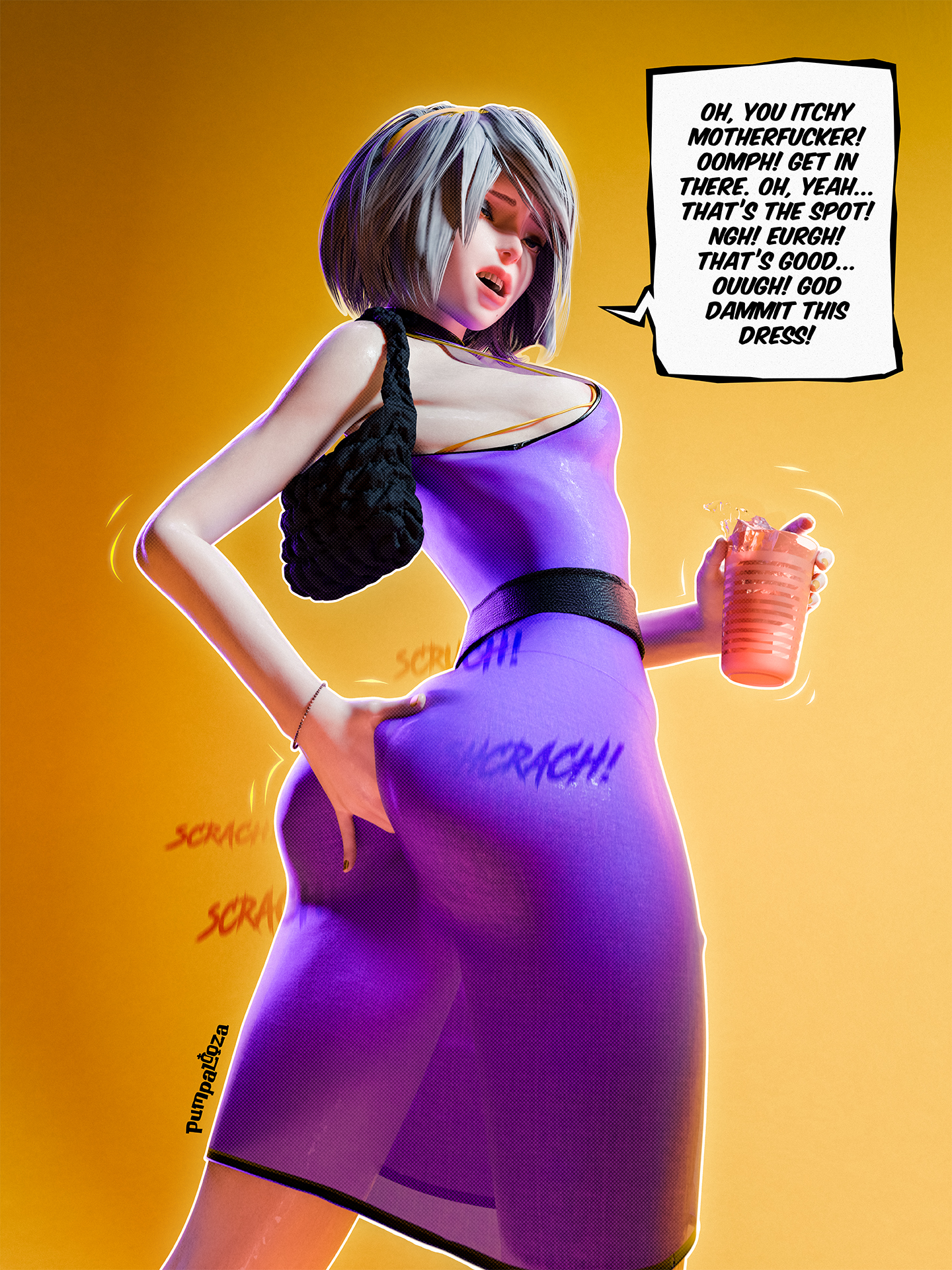 1girls, 3d, ass, ass focus, bag, big ass, bubble ass, bubble butt, butt digging, comic, dress, english, english text, female, female focus, female only, fetish, itching, medium hair, nier (series), nier: automata, onomatopoeia, pleasure face, pleasured, pumpalooza, round ass, round butt, scratching, scratching ass, solo, solo female, solo focus, text, white hair, yorha 2b