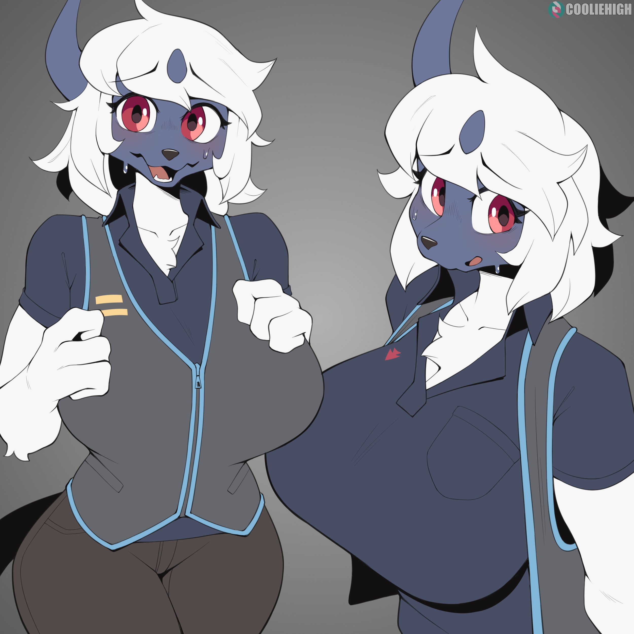 2girls, absol, anthro, big breasts, breasts, cleavage, cooliehigh, curvy, digital media (artwork), female, female focus, female only, front view, fur, furry, furry female, furry only, generation 3 pokemon, hair, horn, looking at viewer, nintendo, open mouth, pokemon, pokemon (species), red eyes, sky, solo, standing, tail, white body, white fur, white hair