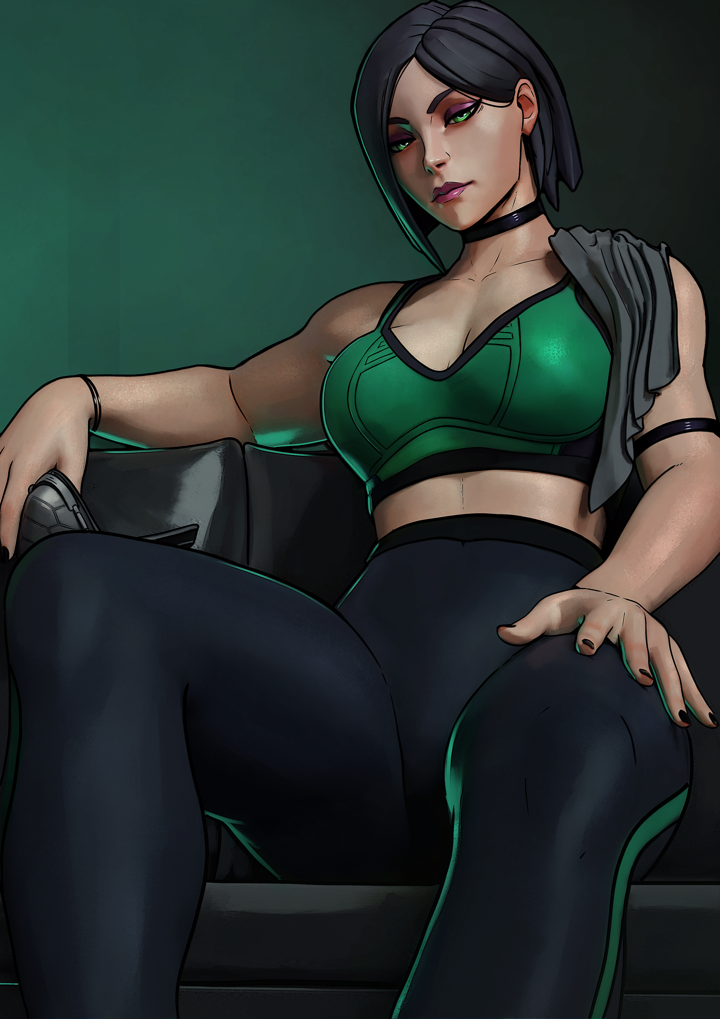 1girls, 3d, 3d (artwork), 3d render, black hair, black nails, black pants, breasts, cleavage, closed mouth, collar, collarbone, couch, female, female only, green eyes, green shirt, gym, hand on leg, large breasts, lips, lipstick, looking at viewer, makeup, medium hair, nail polish, sfrinzy, short hair, sitting, sitting on couch, solo, solo female, sports bra, sports clothing, tagme, thick eyebrows, thick eyelashes, thick lips, thick thighs, thigh, thighs, tight clothing, tight pants, tight shirt, tight topwear, topwear, valorant, viper (valorant)