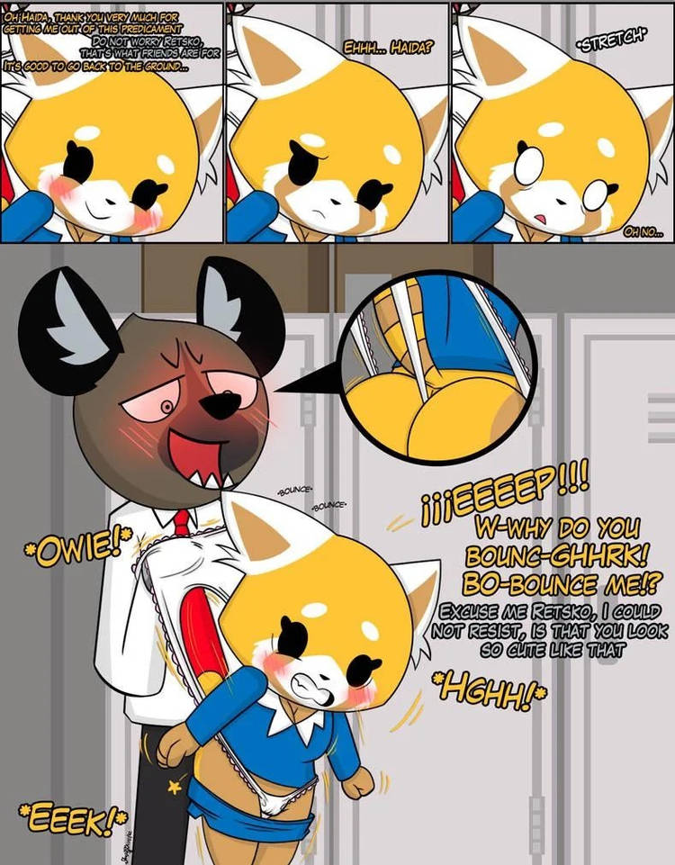 aggressive retsuko, aggretsuko, ass crack, ass up, blue suit, blush, blushing female, female, fox girl, haida (aggretsuko), hanging wedgie, hyena, intimidation, panties, pants down, panty pull, pulling panties, retsuko, striped panties, suit, wedgie, wedgie comics, wedgie fetish, wedgied female, white panties