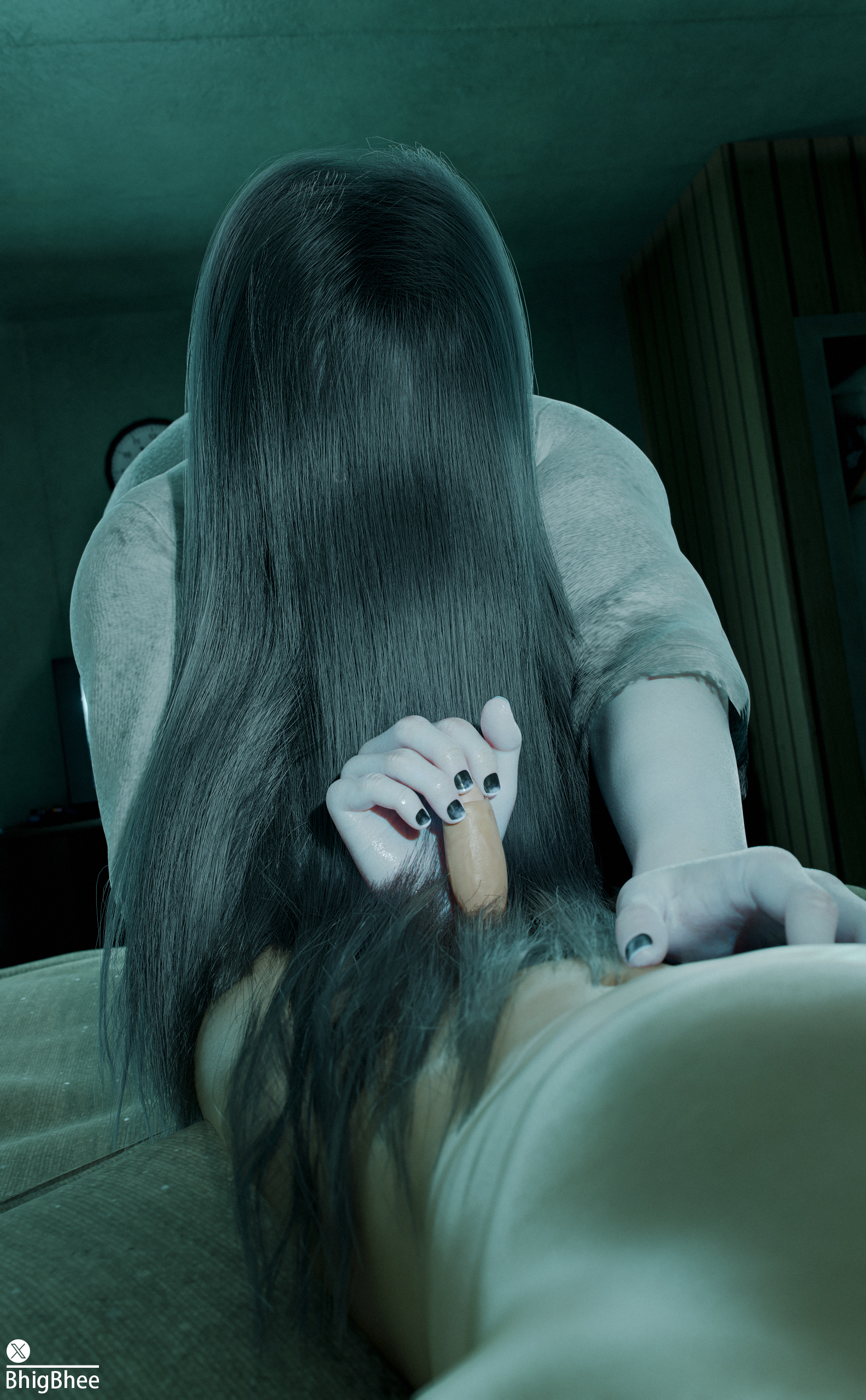 1boy, 1girls, 3d, bhigbhee, female, hair fetish, hair over eyes, hair play, hairjob, male, nude, nude male, the ring, yamamura sadako