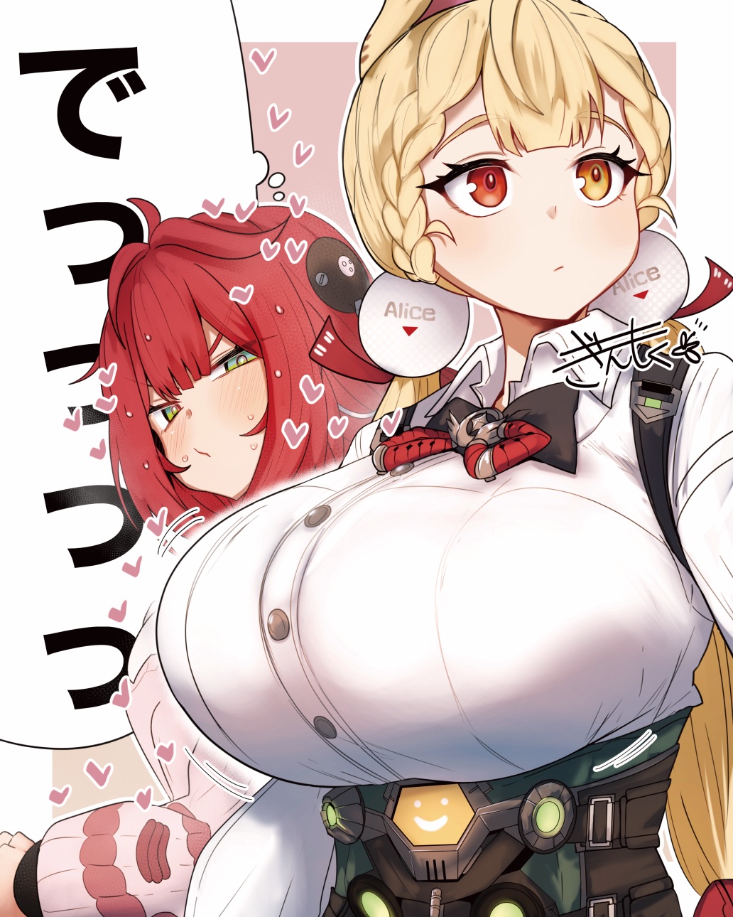 2girls, alice thymefield, animal ears, blonde hair, blush, breasts, female, gin moku, green eyes, heart, heterochromia, highres, huge breasts, lesbian thoughts, looking at another, multiple females, multiple girls, rabbit ears, red eyes, red hair, twintails, ukinami yuzuha, yellow eyes, yuri, zenless zone zero