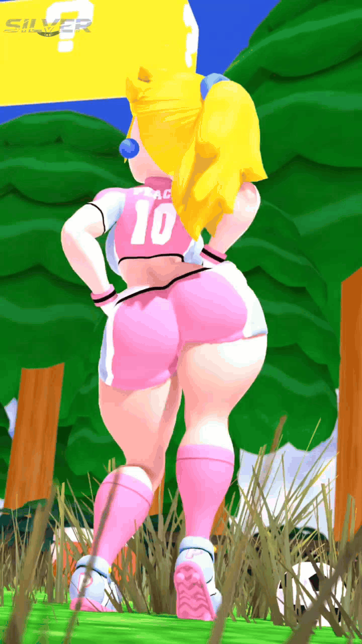 1girls, animated, ass, backboob, big ass, blonde hair, blue eyes, breasts, confident, fat ass, female, female only, from behind, hands on hips, kabalmystic (style), large breasts, legs, long hair, looking at viewer, looking back, mario (series), mario strikers, midriff, open mouth, peach (fruit), pink lipstick, pose, posing, princess peach, self spanking, sensual, sexy, shorts, sideboob, silvertilver, silvertilver (4lifebunger), smile, soccer, soccer uniform, solo, spanking, super mario strikers, thighs, voluptuous