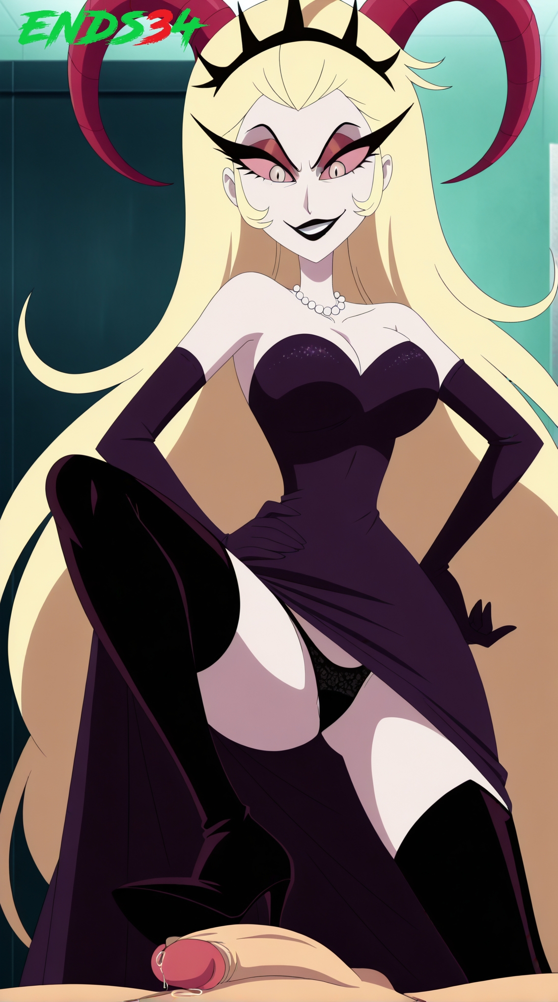 2025, ai generated, blonde hair, boot fetish, boots, ends34, female, female focus, footjob, hazbin hotel, lilith morningstar (hazbin hotel), long hair, male, penis