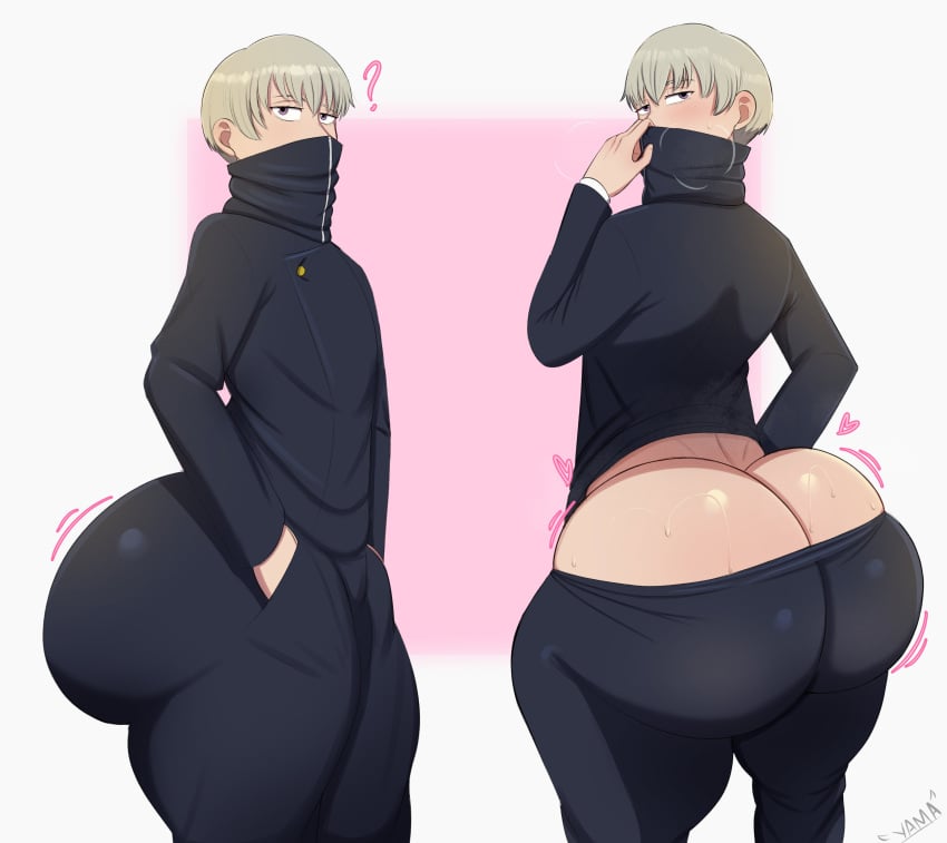 ass, ass cleavage, ass crack, big ass, blush, bottomless, butt crack, clothed, clothing, eyelashes, femboy, fully clothed, jujutsu kaisen, jujutsu tech uniform, large ass, light skin, looking at viewer, looking back, male, male focus, male only, purple eyes, question mark, seductive, solo, solo focus, sweat, teasing, thick thighs, toge inumaki, white background, white hair, wobble, wobbling ass, yamathegod