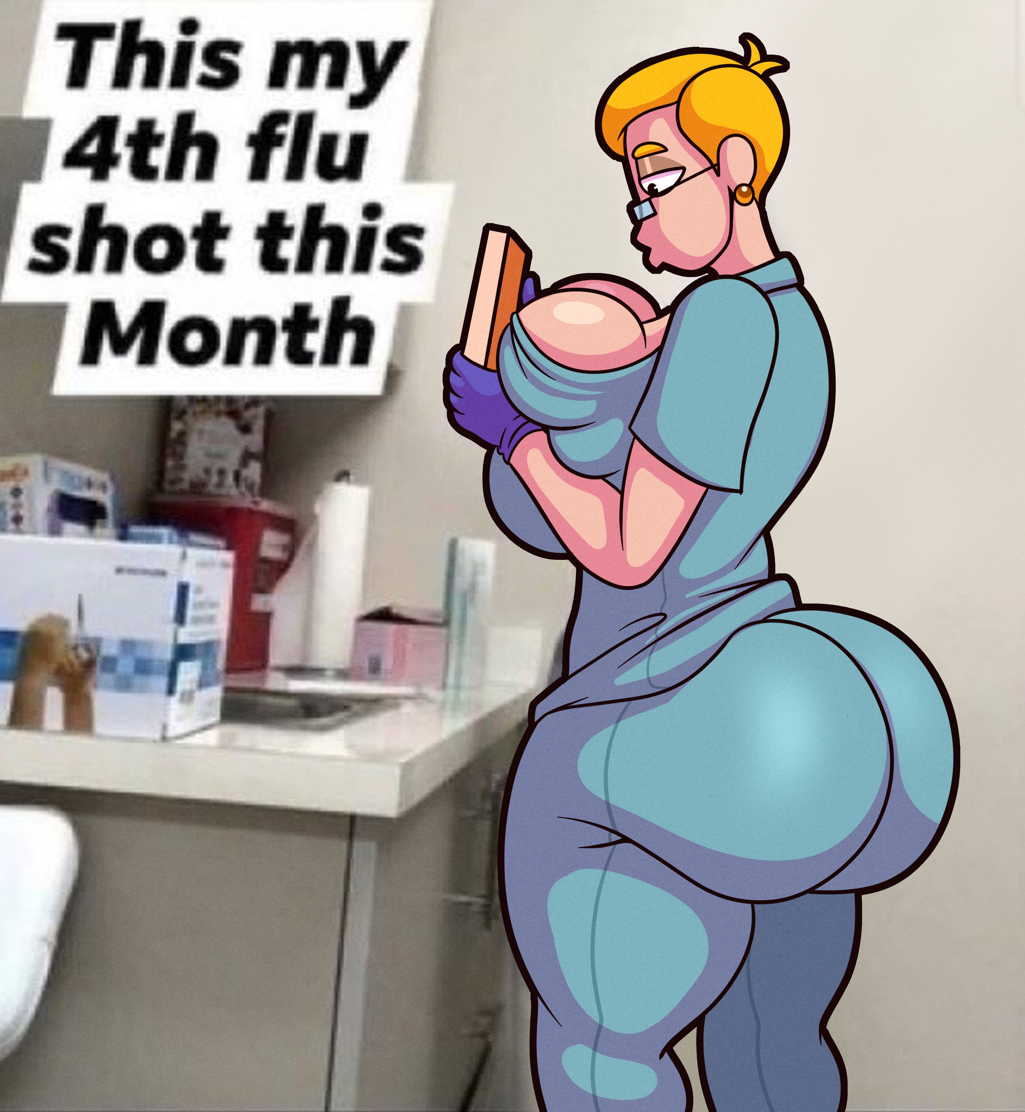 1girls, ass, ass focus, big ass, big breasts, blonde female, blonde hair, breast squeeze, breast squish, breasts, ear piercing, ear ring, earrings, female, female only, glasses, gloves, hospital, hospital room, jordan jameson, large breasts, meme, meme caption, nurse, nurse clothing, nurse uniform, rubber gloves, sketch, thick, thick ass, thick legs, thick thighs, thighs, tonicartz