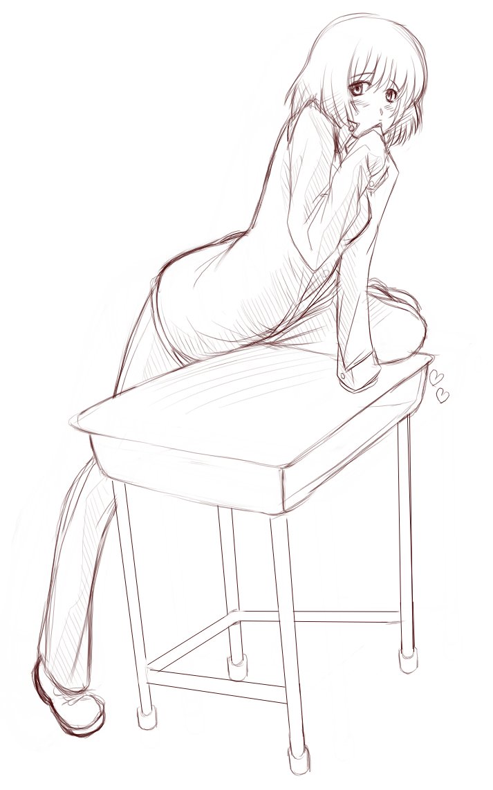 amputee blush desk katawa_shoujo kekekeke masturbation mouth sketch sleeve tezuka_rin