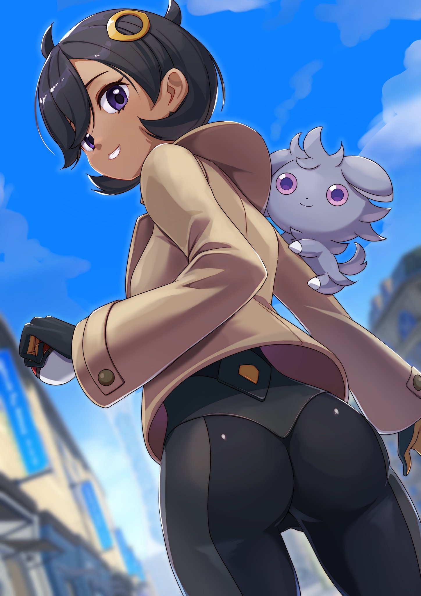 1girls, ass, big ass, black hair, blue sky, bodysuit, booty, bubble butt, building, dark skin, dark-skinned female, emma (pokemon), espurr, from behind, gen 6 pokemon, highres, jacket, matiere (pokemon legends: z-a), matiere (pokemon), miu (angelo whitechoc), nintendo, nyasper, pokemon, pokemon legends: z-a, purple eyes, short hair, sky, teeth