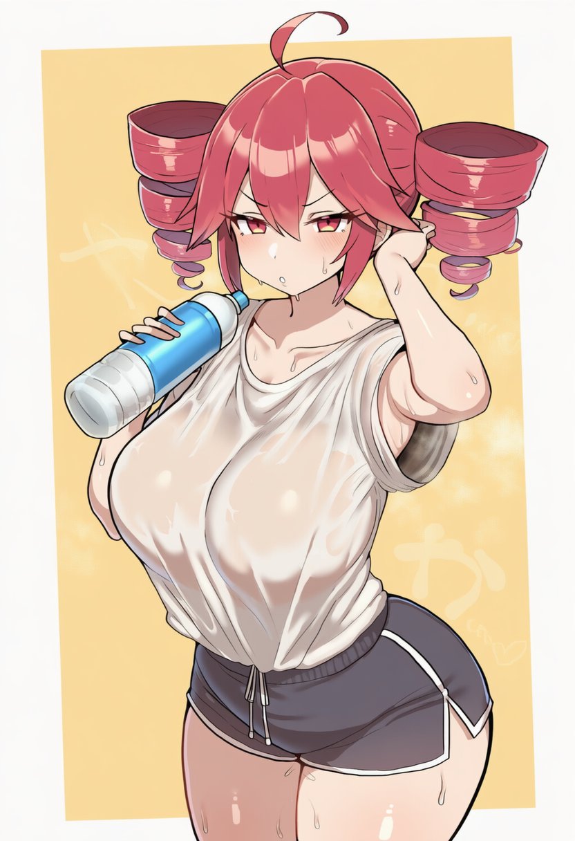1girls, ahoge, ai generated, annoyed, annoyed expression, armpit peek, armpits, arms up, ass, big ass, big breasts, big thighs, blush, breasts, clothed, clothed female, clothing, curvaceous, curvy, curvy female, curvy figure, dolphin shorts, excessive sweat, female, female only, fully clothed, gigantic breasts, gym shorts, hips wider than shoulders, huge ass, huge breasts, huge thighs, kasane teto, large ass, large breasts, large thighs, massive breasts, musk, musk clouds, red eyes, red hair, see-through, see-through clothing, see-through shirt, shiny skin, shirt, short shorts, shorts, simple background, slim waist, solo, solo female, steam, steaming body, steamy breath, sweat, sweatdrop, sweating, thick thighs, thighs, top heavy, twin drills, utau, voluptuous, voluptuous female, water, white shirt, wide hips, wumiai
