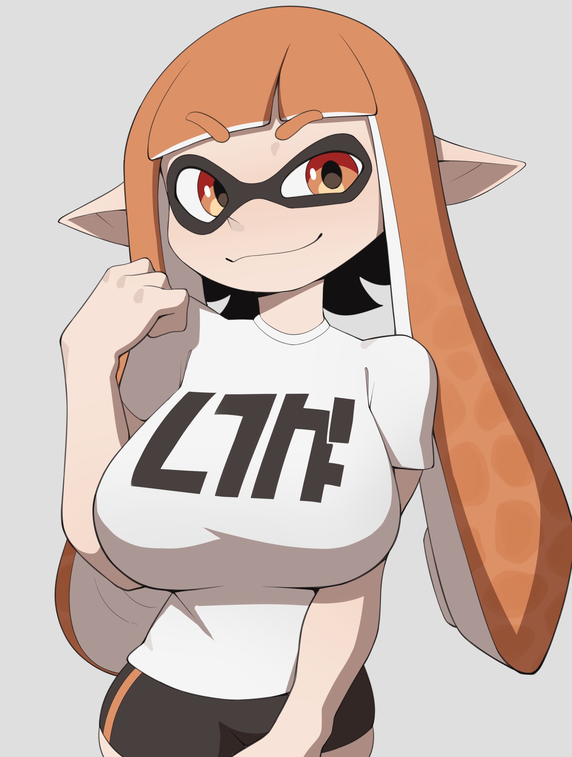 animal humanoid, anthro, big breasts, breasts, cleavage, clothed, clothing, color, colored, cooliehigh, female, humanoid, inkling, inkling girl, kaori (splatoon), looking at viewer, mask (marking), nintendo, orange hair, pointy ears, pseudo hair, smile, smiling, splatoon, splatoon (series), splatoon 1, squid, tentacle, tentacle hair, white background