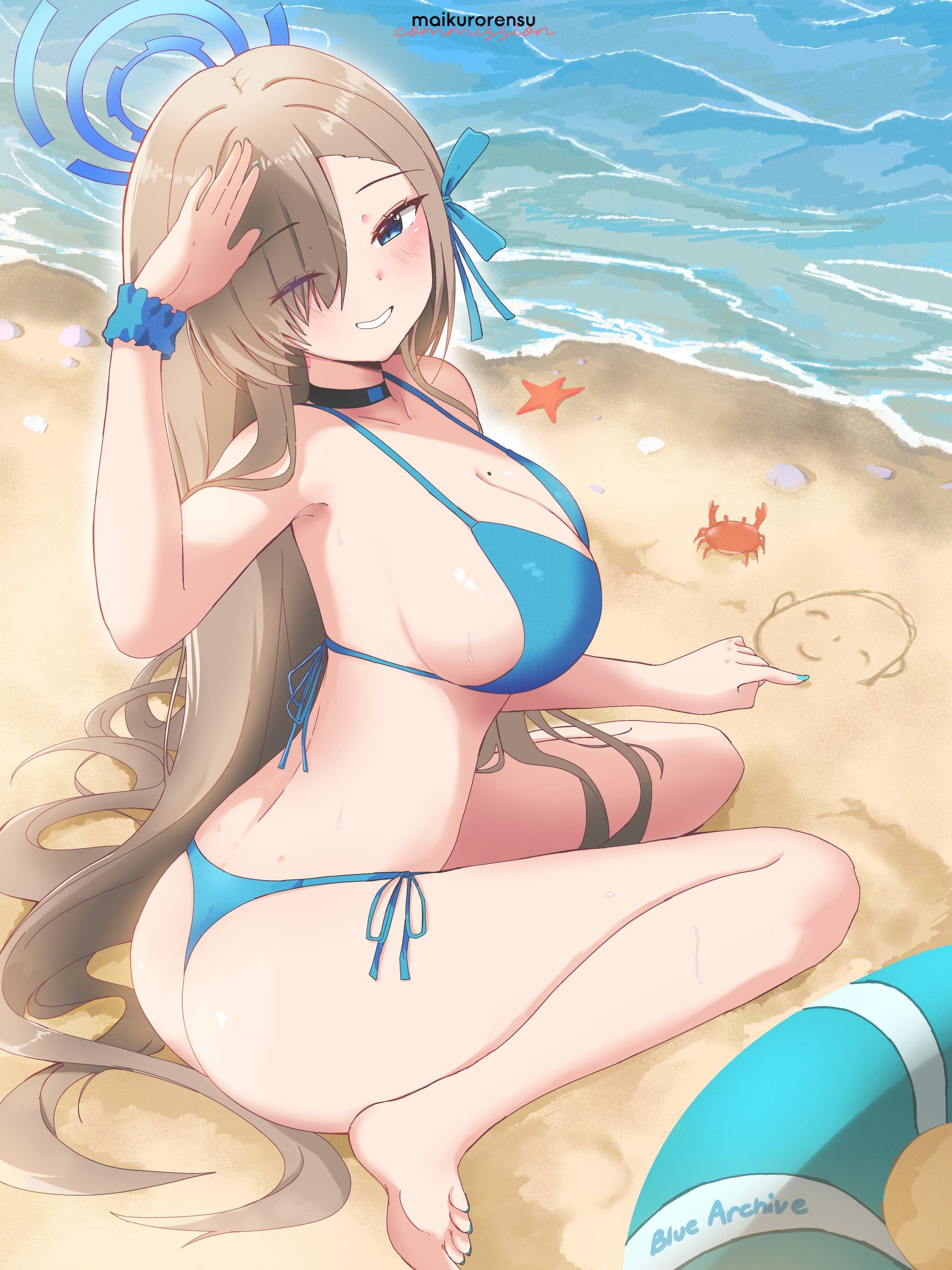 ;), 1girls, 2d, 2d (artwork), 2d artwork, absurdly long hair, arm up, armpits, asian, asian female, asian girl, ass, ass cleavage, ass crack, asuna (blue archive), back, back view, back-tie bikini, back-tie swimwear, bare armpits, bare arms, bare ass, bare back, bare butt, bare calves, bare chest, bare hands, bare hips, bare knees, bare legs, bare shoulders, bare skin, bare soles, bare thighs, bare toes, barefoot, beach, beach background, beach setting, behind view, big boobs, big breasts, bikini, bikini bottom, bikini only, bikini top, black choker, blonde, blonde female, blonde hair, blonde hair female, blonde-haired female, blue archive, blue bikini, blue bikini bottom, blue bikini top, blue eyes, blue halo, blue swimsuit, blue swimwear, blue-eyed female, breasts, busty, busty female, busty girl, busty teen, busty teenager, butt, calves, choker, cleavage, collarbone, crab, day, daylight, daytime, digital, digital art, digital drawing, digital drawing (artwork), digital media, digital media (artwork), drawing, elbows, exposed, exposed armpits, exposed arms, exposed ass, exposed back, exposed butt, exposed chest, exposed hips, exposed legs, exposed shoulders, exposed skin, exposed thighs, exposed toes, eye closed, fanart, feet, female, female focus, female only, fingers, from above, from behind, full body, full body view, grin, grinning, grinning at viewer, groin, hair between eyes, half naked, half nude, halo, halterneck, hand up, high-angle shot, inframammary fold, japanese, japanese female, japanese girl, knees, large boobs, large breasts, lean figure, legs, legs folded, long hair, looking at viewer, looking up, looking up at viewer, maikurorensu, median furrow, mole, mole on body, mole on breast, mole on chest, naked, naked female, naked woman, narrow waist, no shoes, nude, nude female, nudity, ocean background, one eye closed, one eye open, outdoor, outdoor background, outdoor nudity, outdoors, outside, outside nudity, parted bangs, parted lips, partially undressed, portrait, rear view, sea, sea background, seaside, seiza, semi nude, shoulders, side-tie bikini, sideboob, sitting, sitting on ass, sitting on floor, sitting on ground, sitting on knees, sitting on leg, slender body, slender waist, slim female, slim waist, smile, smiley face, smiling, smiling at viewer, soles, solo, string bikini, summer setting, swimsuit, swimwear, teen girl, teenage female, teenage girl, teenage tits, teenager, thick ass, thick butt, thighs, toes, very long hair, very long hair female, viewed from above, viewed from behind, wariza, wink, winking, winking at viewer, winking eye, young female, young woman